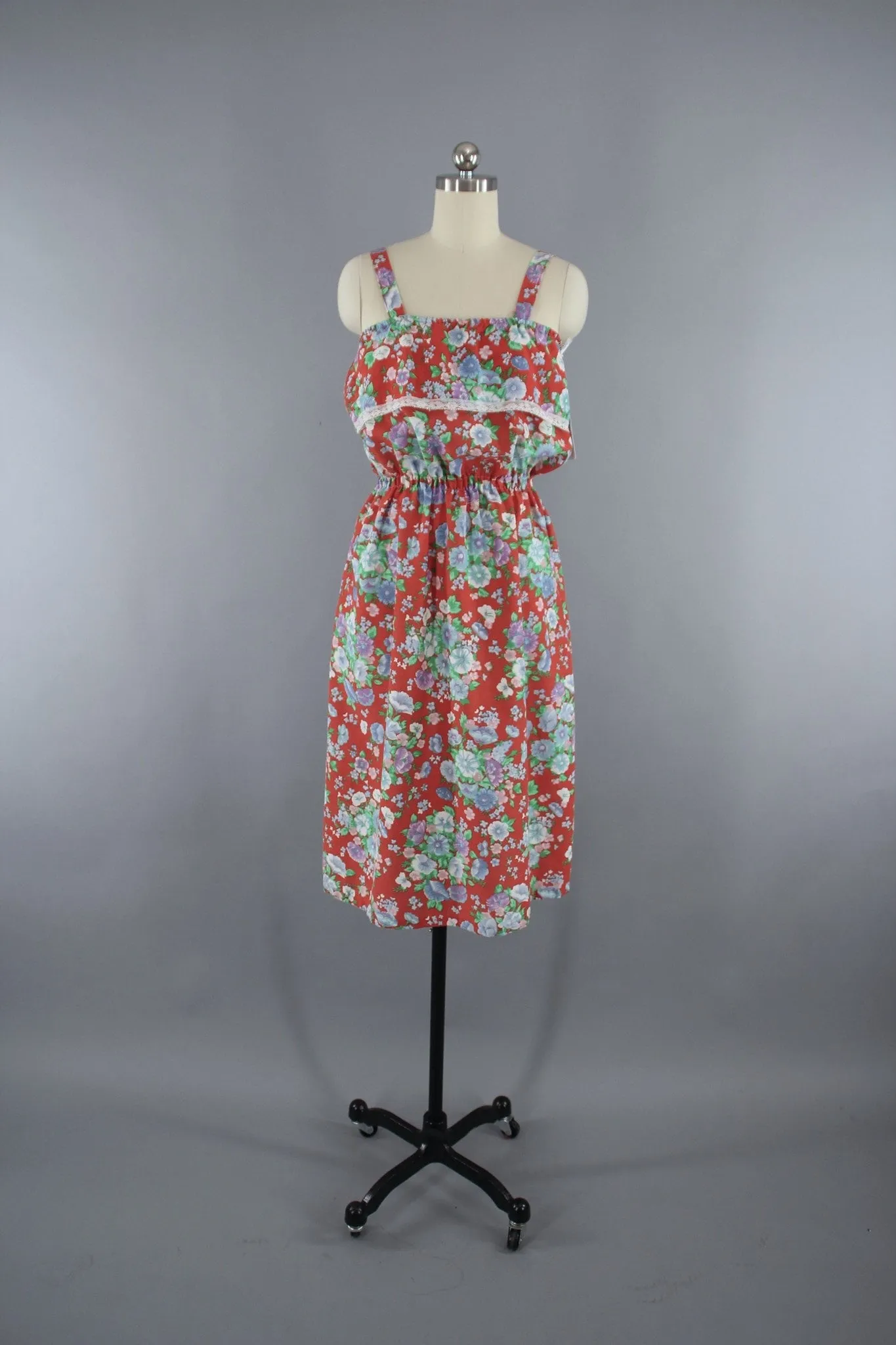 1980s Vintage Red Floral Print Sundress