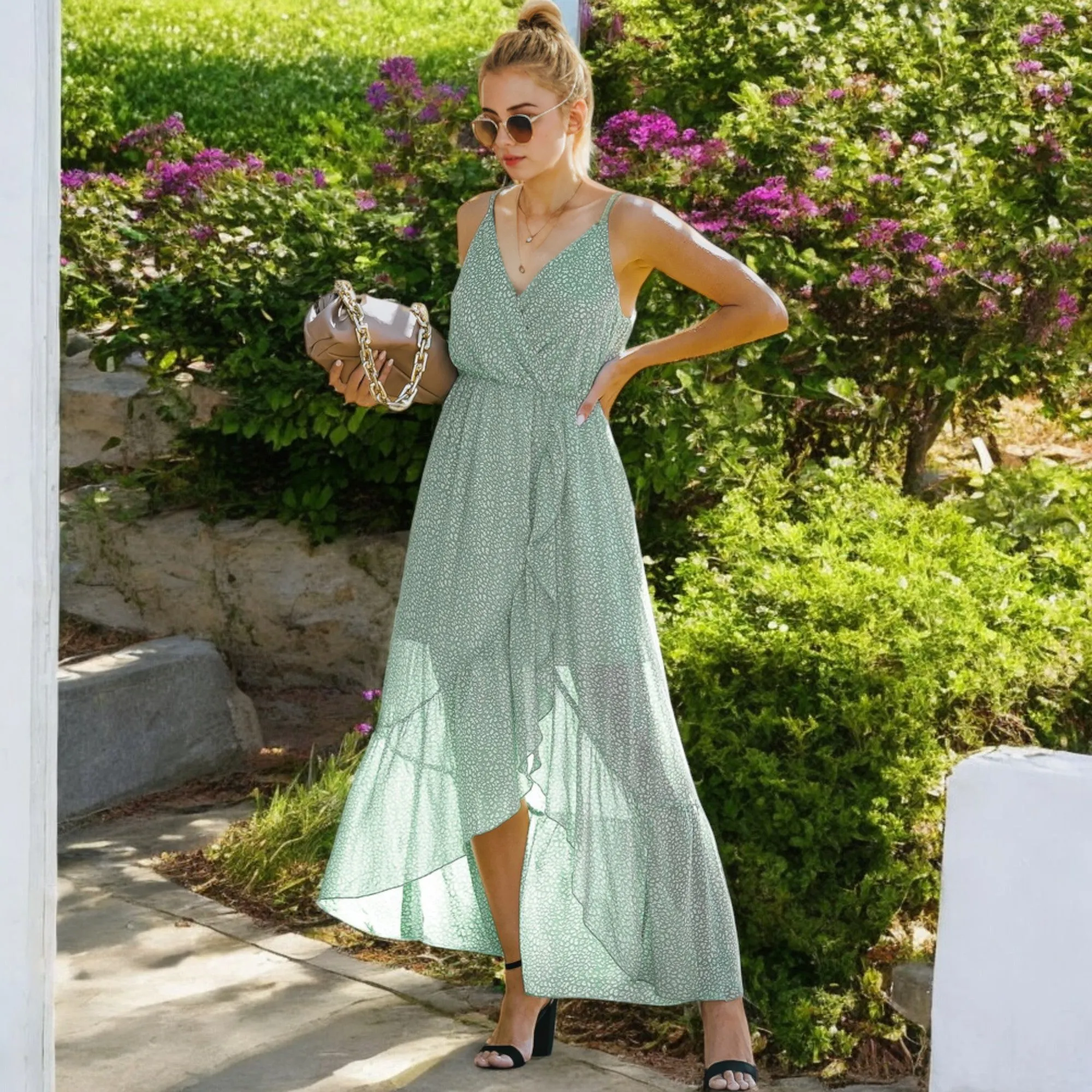 Anna-Kaci Women's Sleeveless V-Neck Wrap Maxi Dress with High-Low Hem