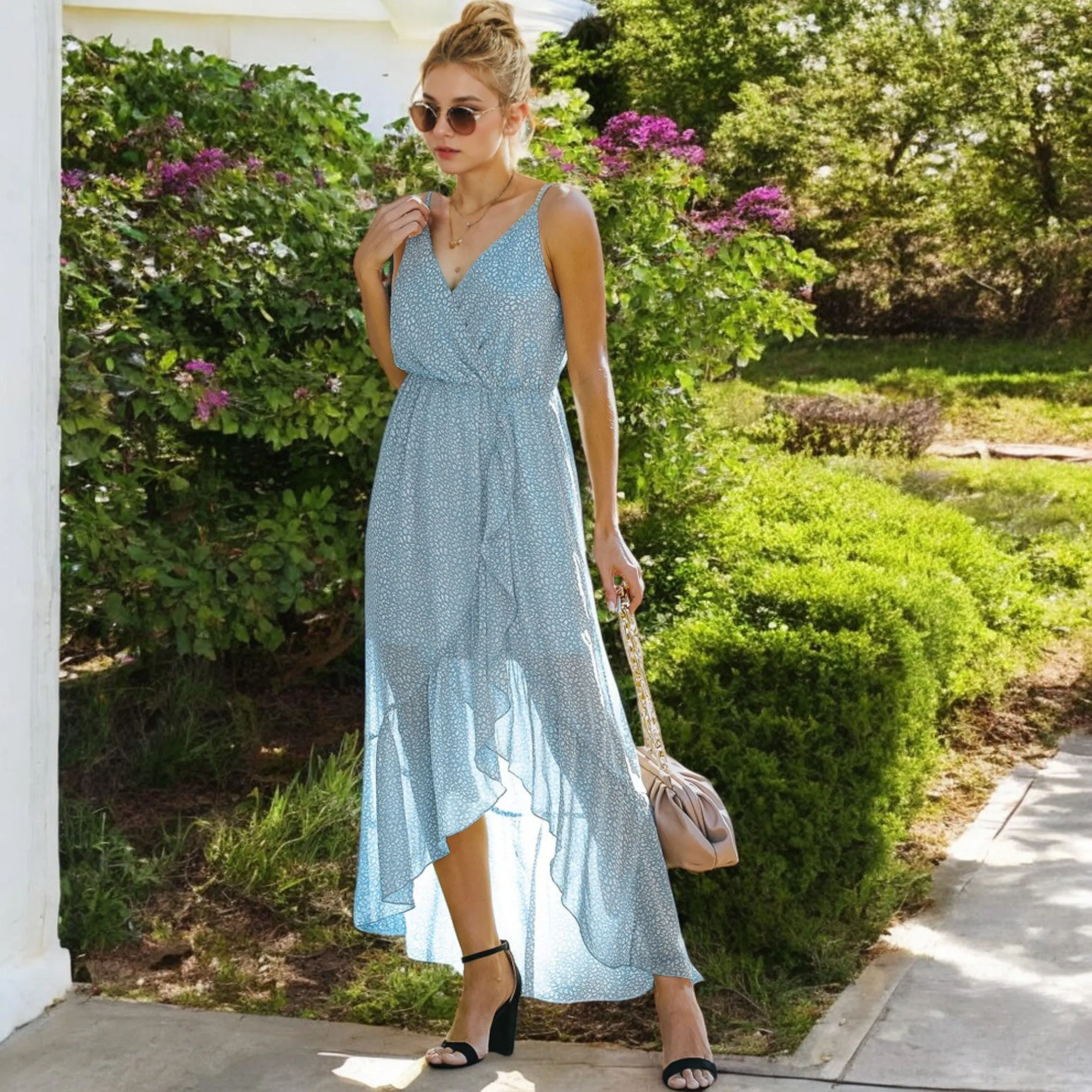 Anna-Kaci Women's Sleeveless V-Neck Wrap Maxi Dress with High-Low Hem