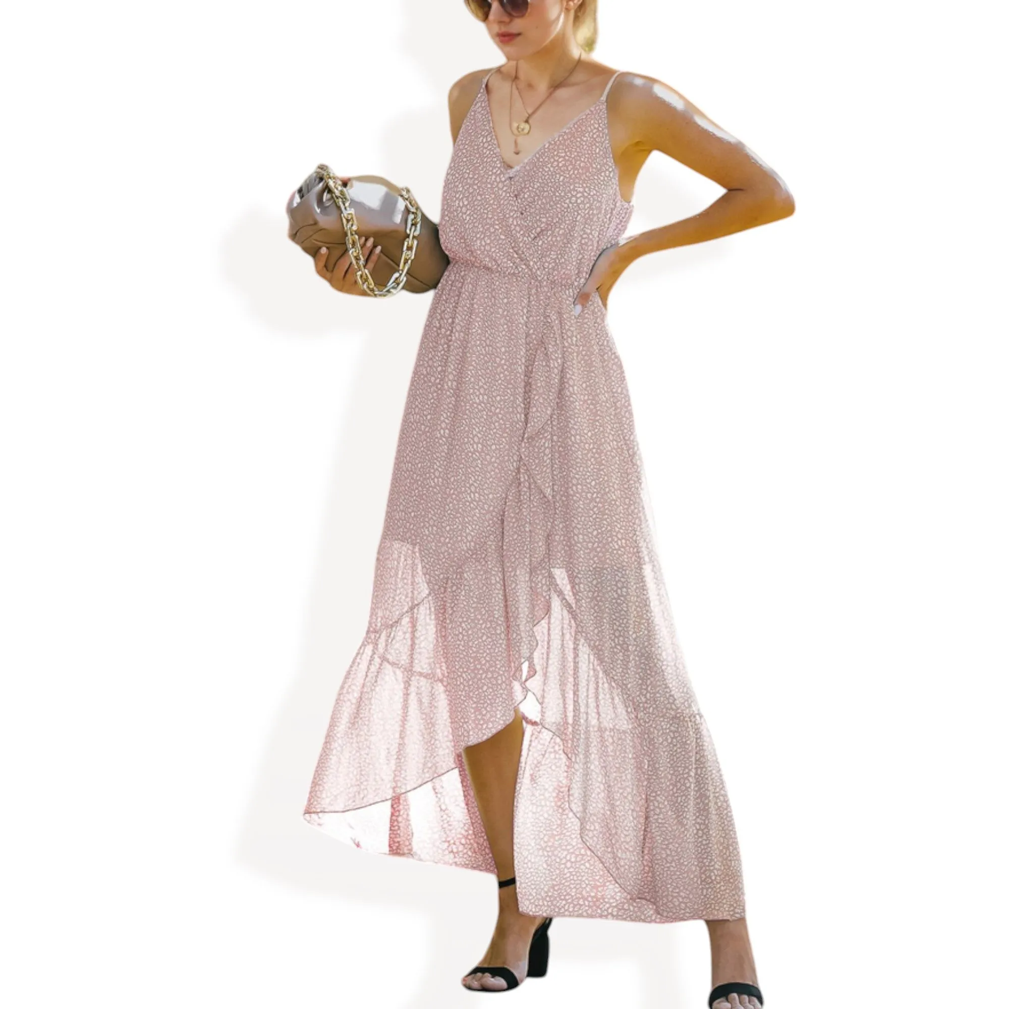 Anna-Kaci Women's Sleeveless V-Neck Wrap Maxi Dress with High-Low Hem