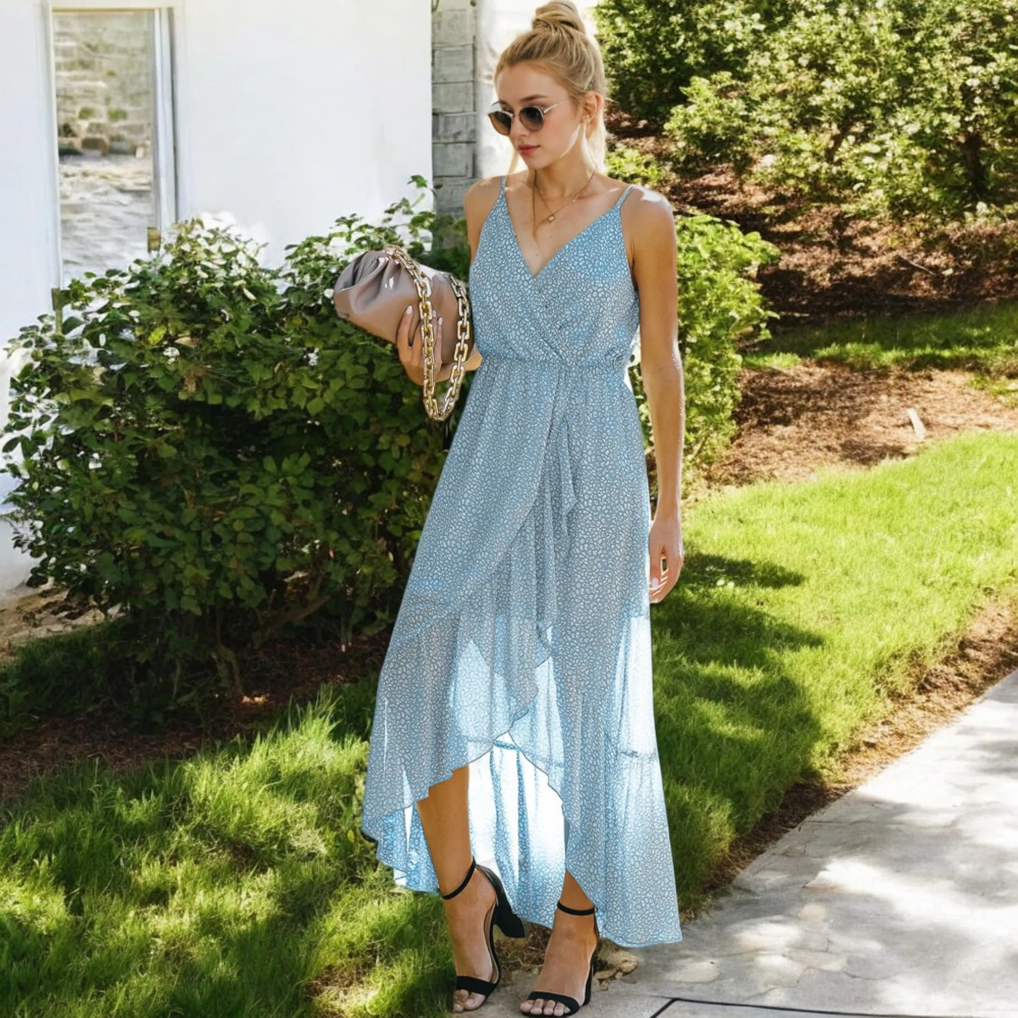 Anna-Kaci Women's Sleeveless V-Neck Wrap Maxi Dress with High-Low Hem