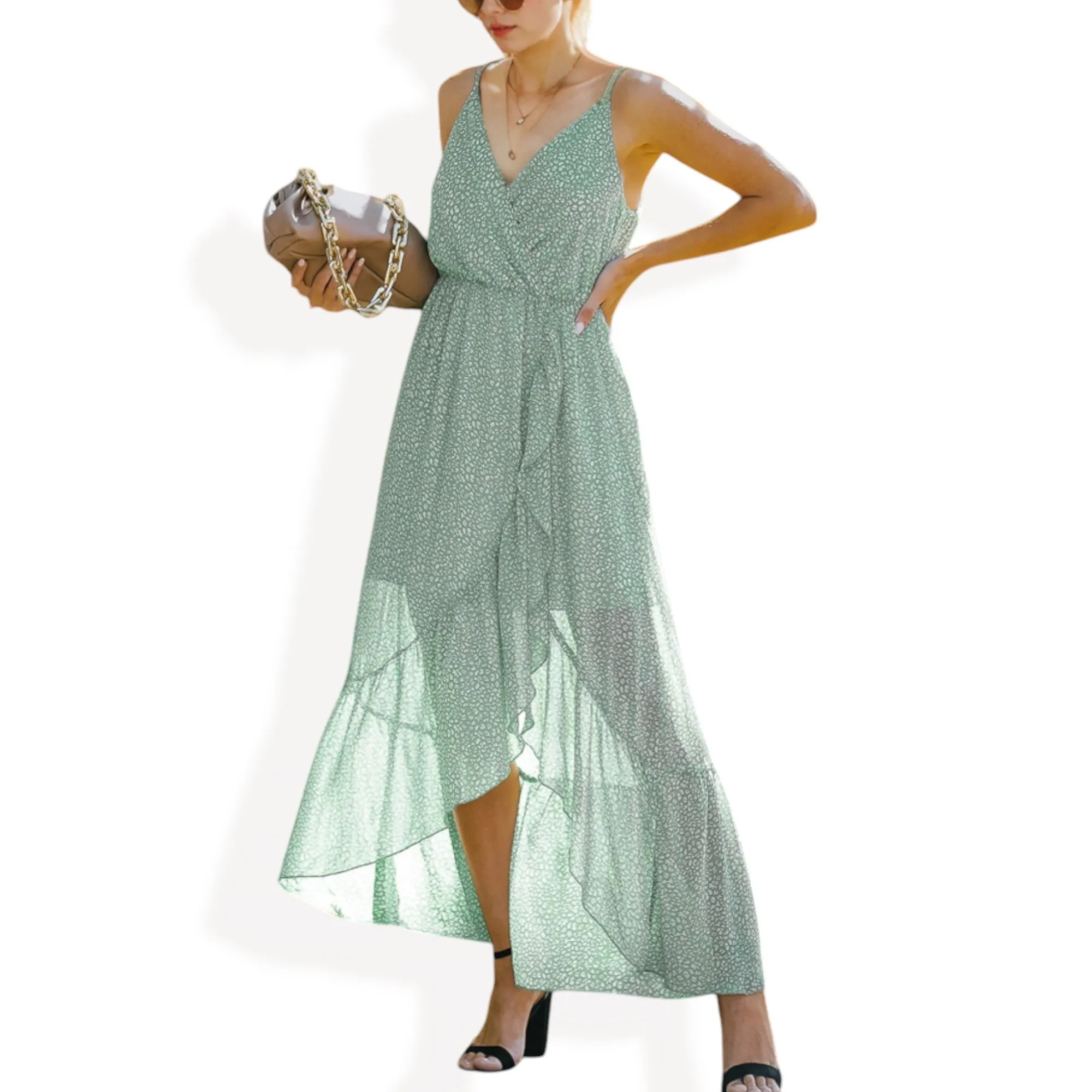 Anna-Kaci Women's Sleeveless V-Neck Wrap Maxi Dress with High-Low Hem