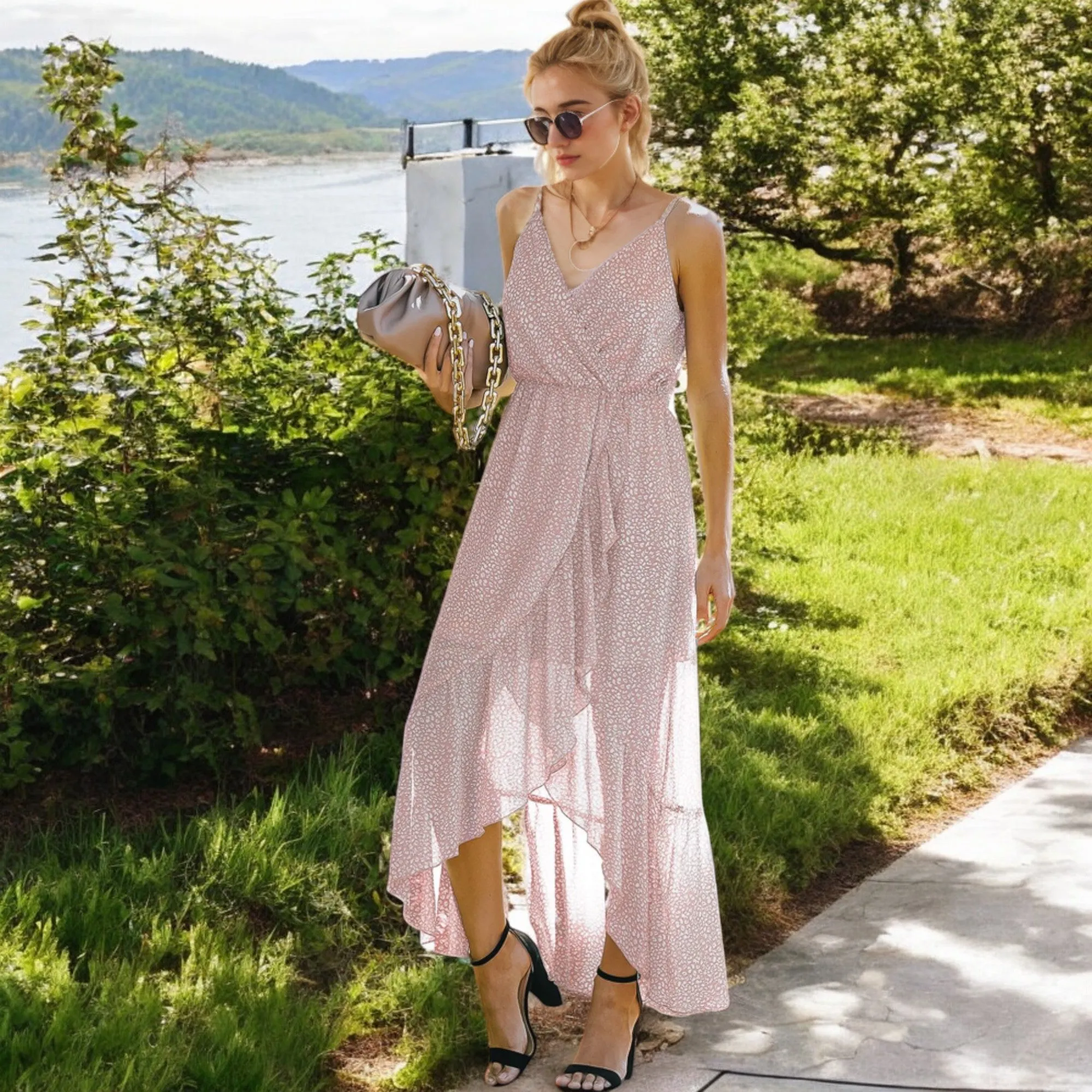 Anna-Kaci Women's Sleeveless V-Neck Wrap Maxi Dress with High-Low Hem