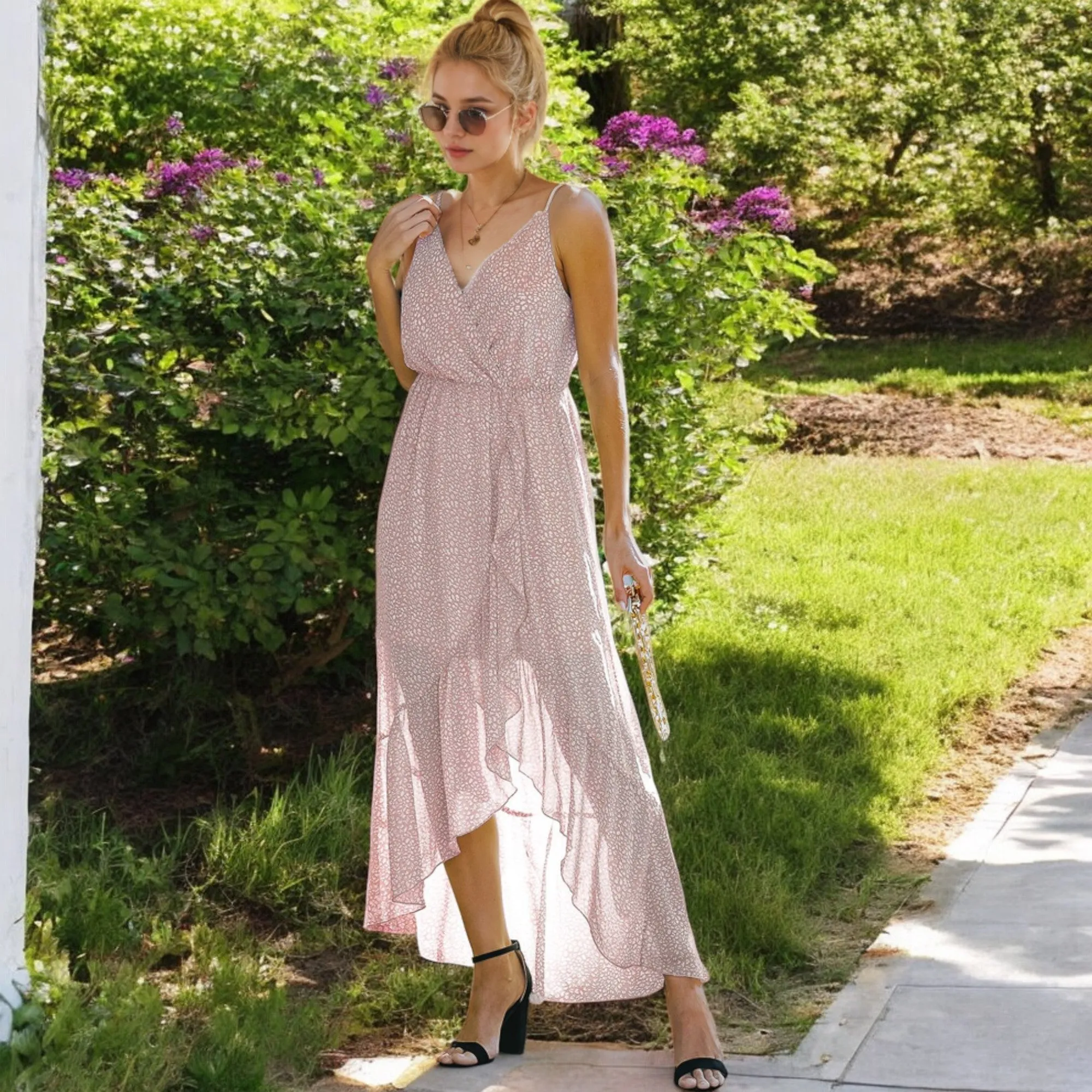 Anna-Kaci Women's Sleeveless V-Neck Wrap Maxi Dress with High-Low Hem
