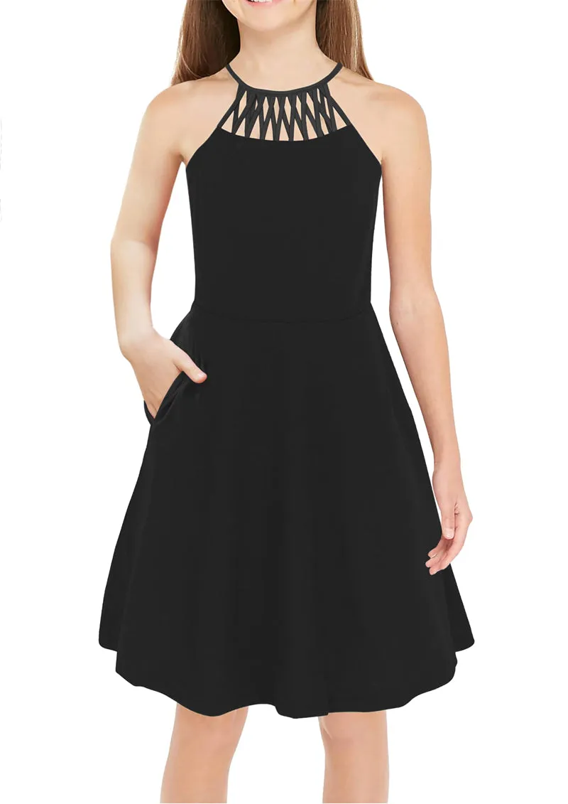 Arshiner Girls Dress Halter Neck Boho Crochet Hollow Out Sundress