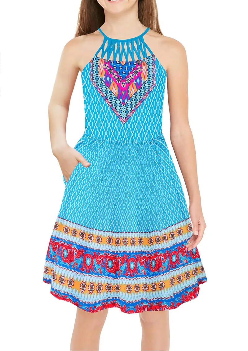 Arshiner Girls Dress Halter Neck Boho Crochet Hollow Out Sundress
