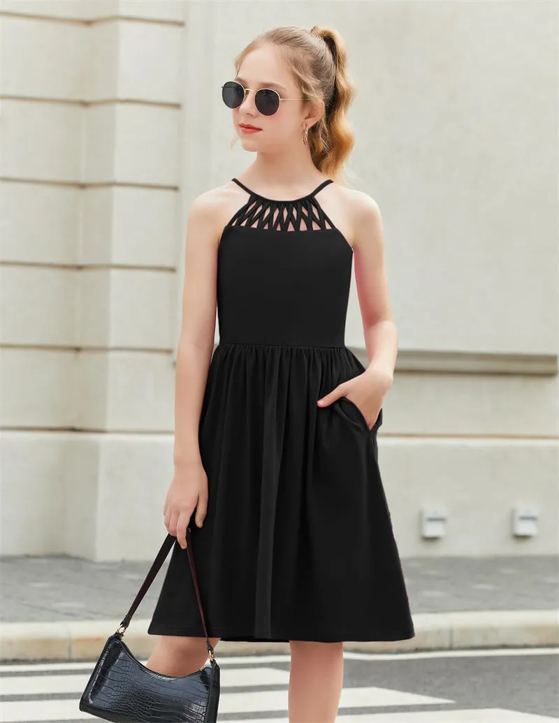 Arshiner Girls Dress Halter Neck Boho Crochet Hollow Out Sundress