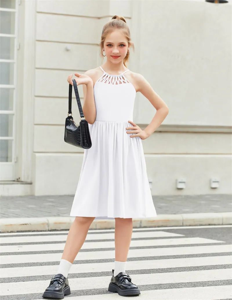 Arshiner Girls Dress Halter Neck Boho Crochet Hollow Out Sundress
