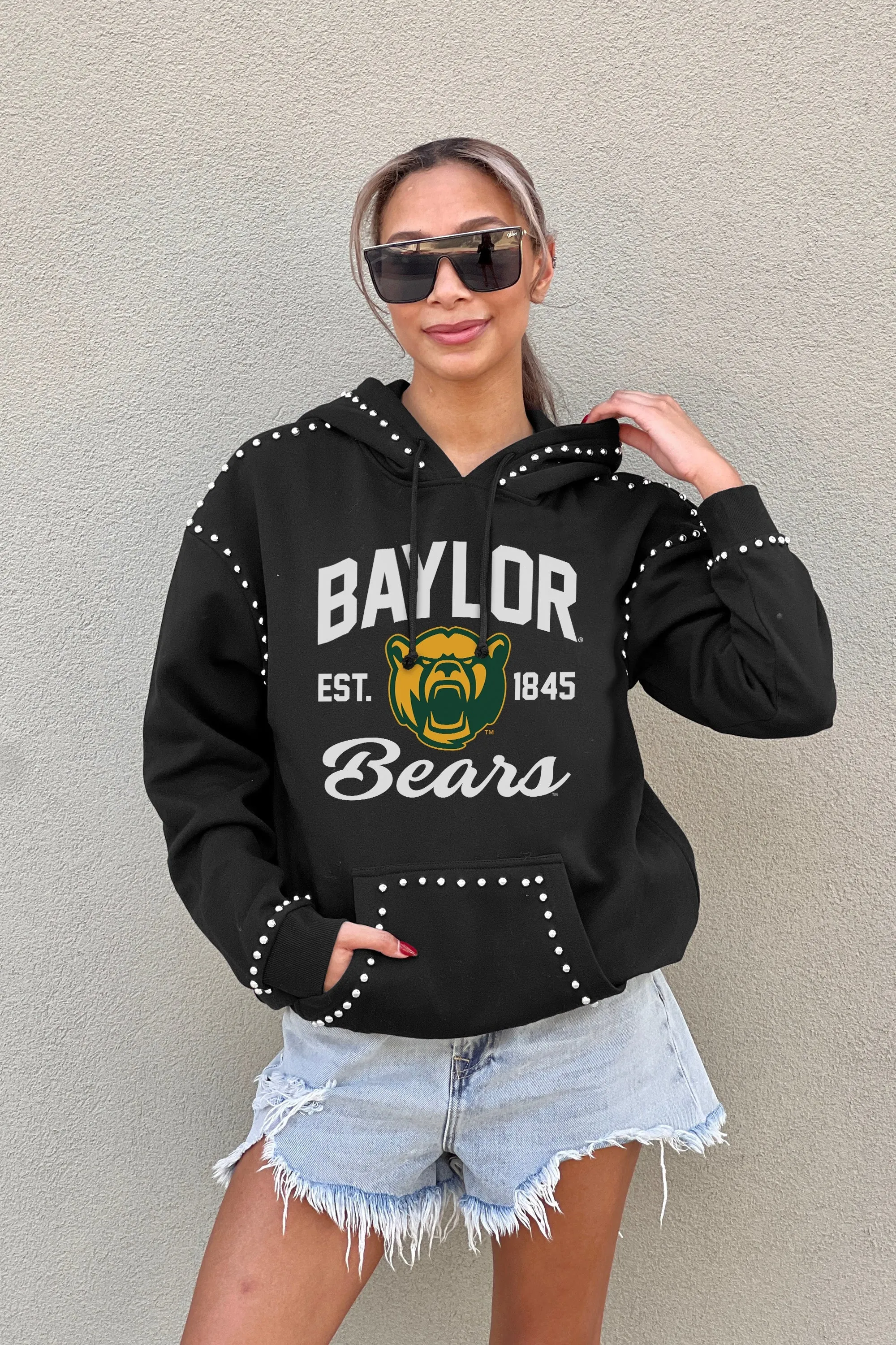 BAYLOR BEARS HERE FOR IT STUDDED DETAIL FLEECE FRONT POCKET HOODIE