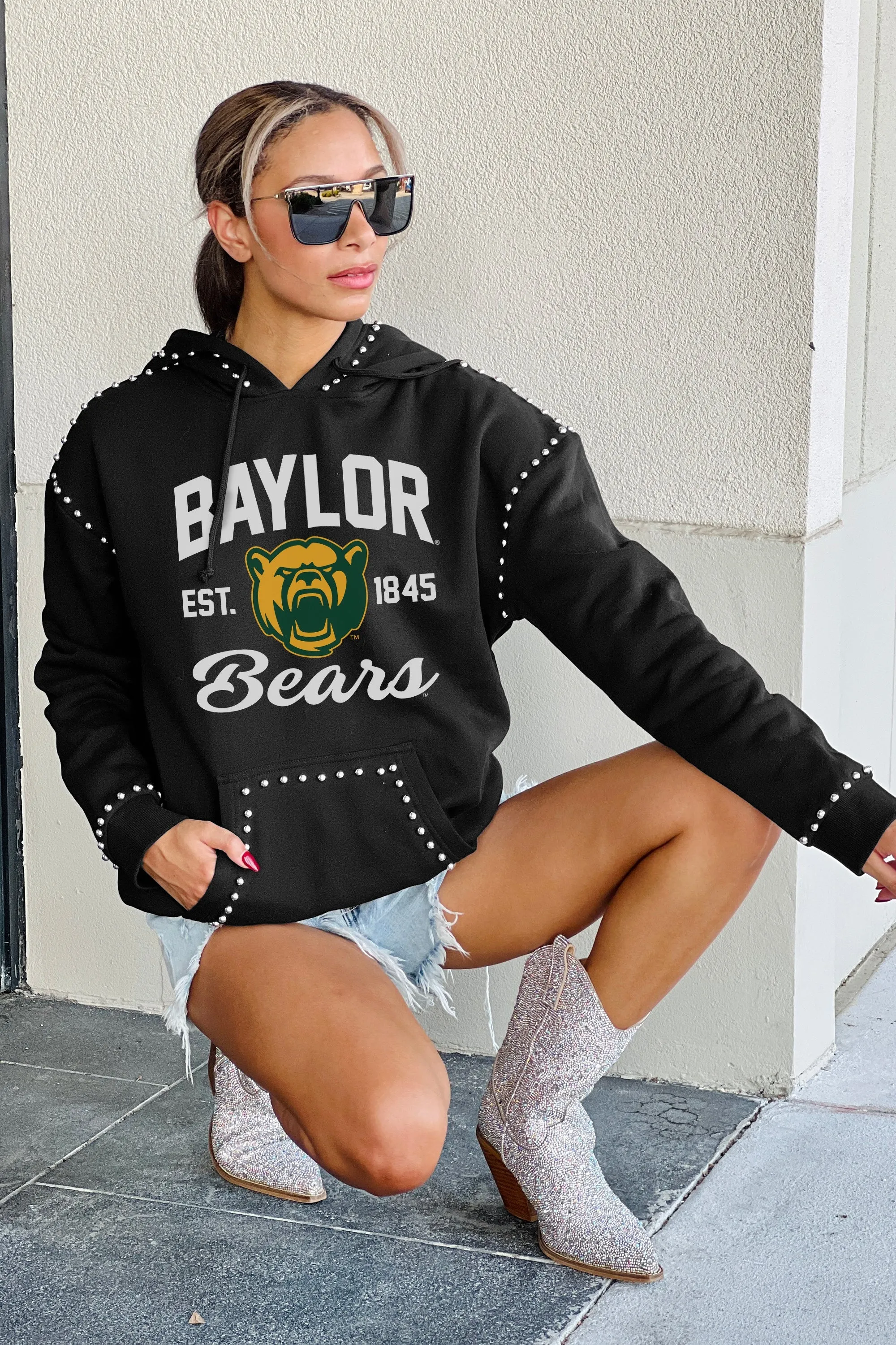 BAYLOR BEARS HERE FOR IT STUDDED DETAIL FLEECE FRONT POCKET HOODIE