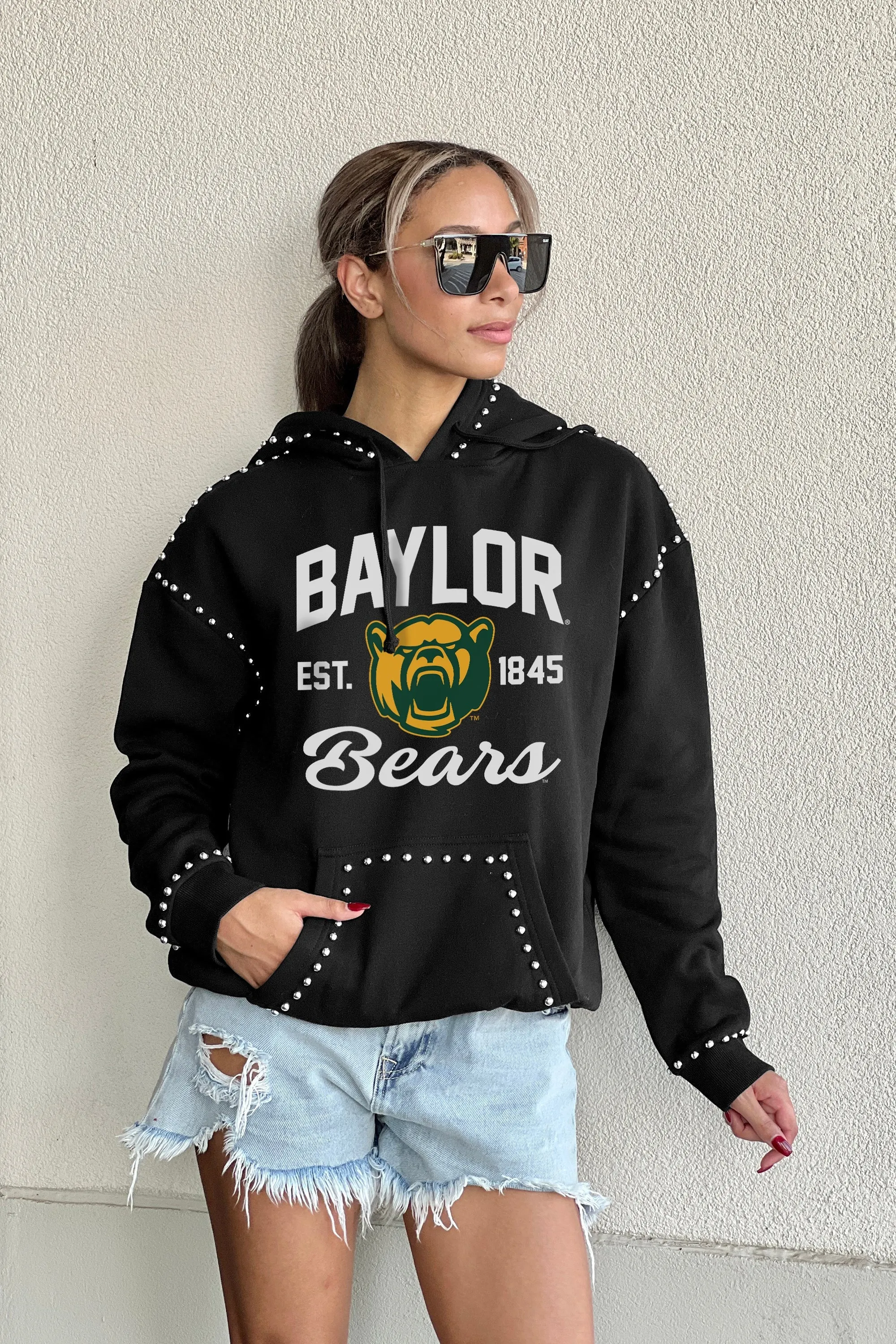 BAYLOR BEARS HERE FOR IT STUDDED DETAIL FLEECE FRONT POCKET HOODIE