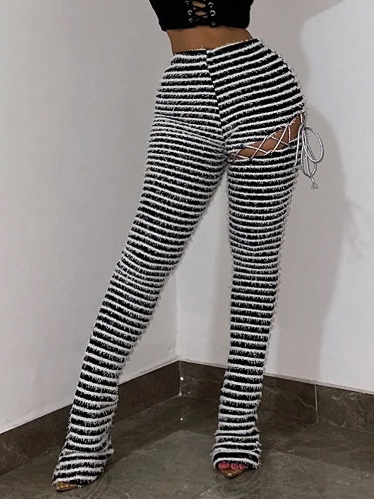 Black and White Fuzzy Striped Women Pants Stretchy Irregular Dismantle Trousers Chic Hipster Wild Casual Skinny Elastic Bottoms Trend
