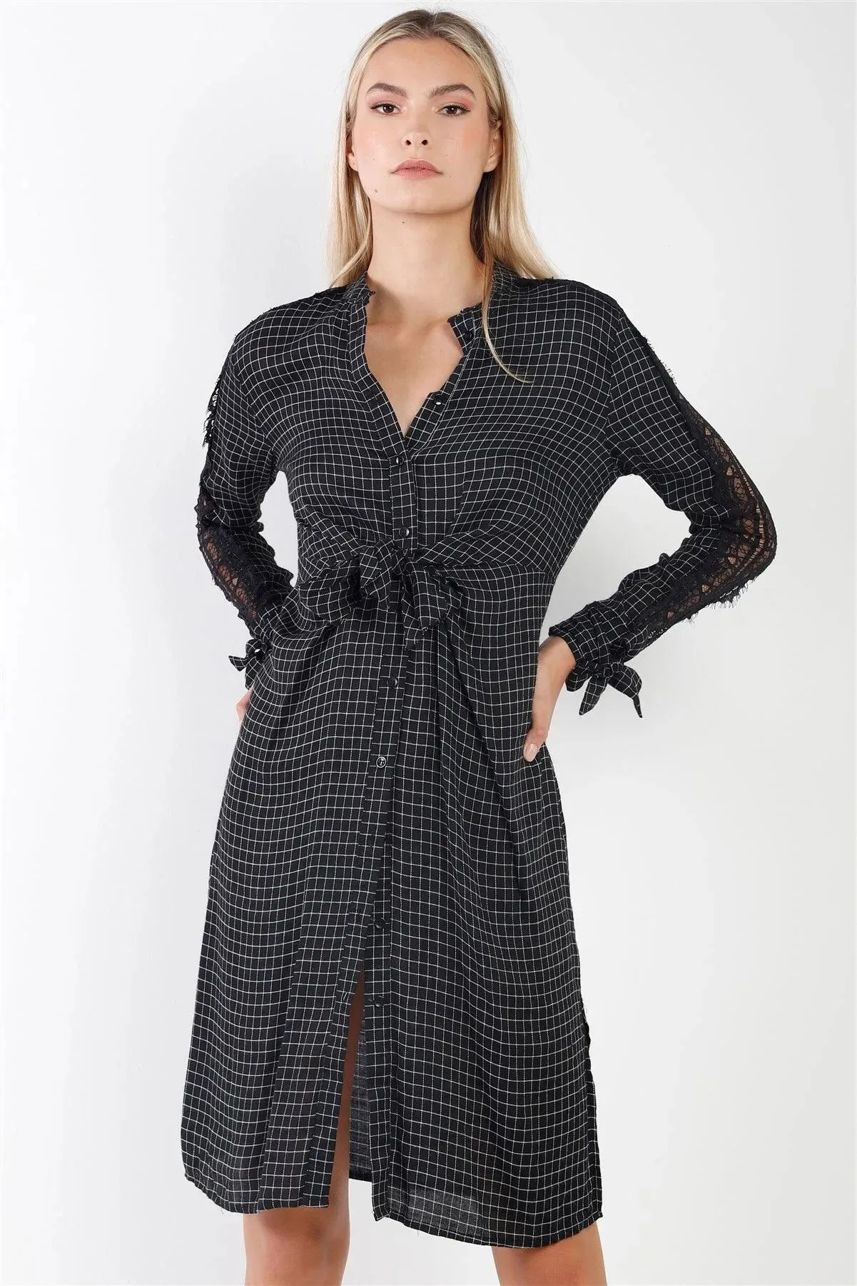 Black Plaid Print Wrap Tie Lace Trim Long Sleeve Midi Dress /3-2-1