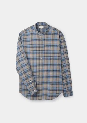 Blue & Beige Checked Cotton Cashmere Grandad Shirt