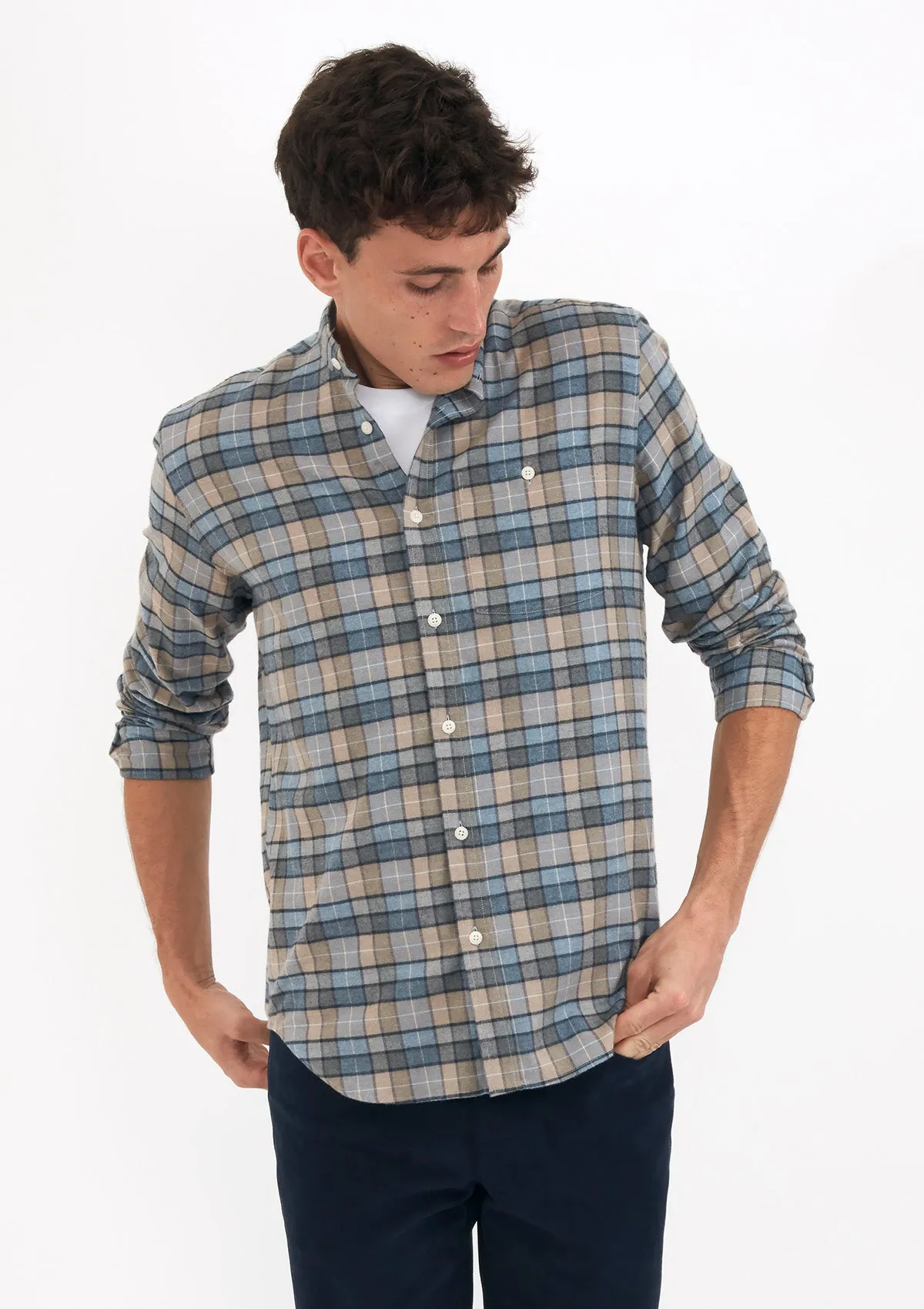 Blue & Beige Checked Cotton Cashmere Grandad Shirt