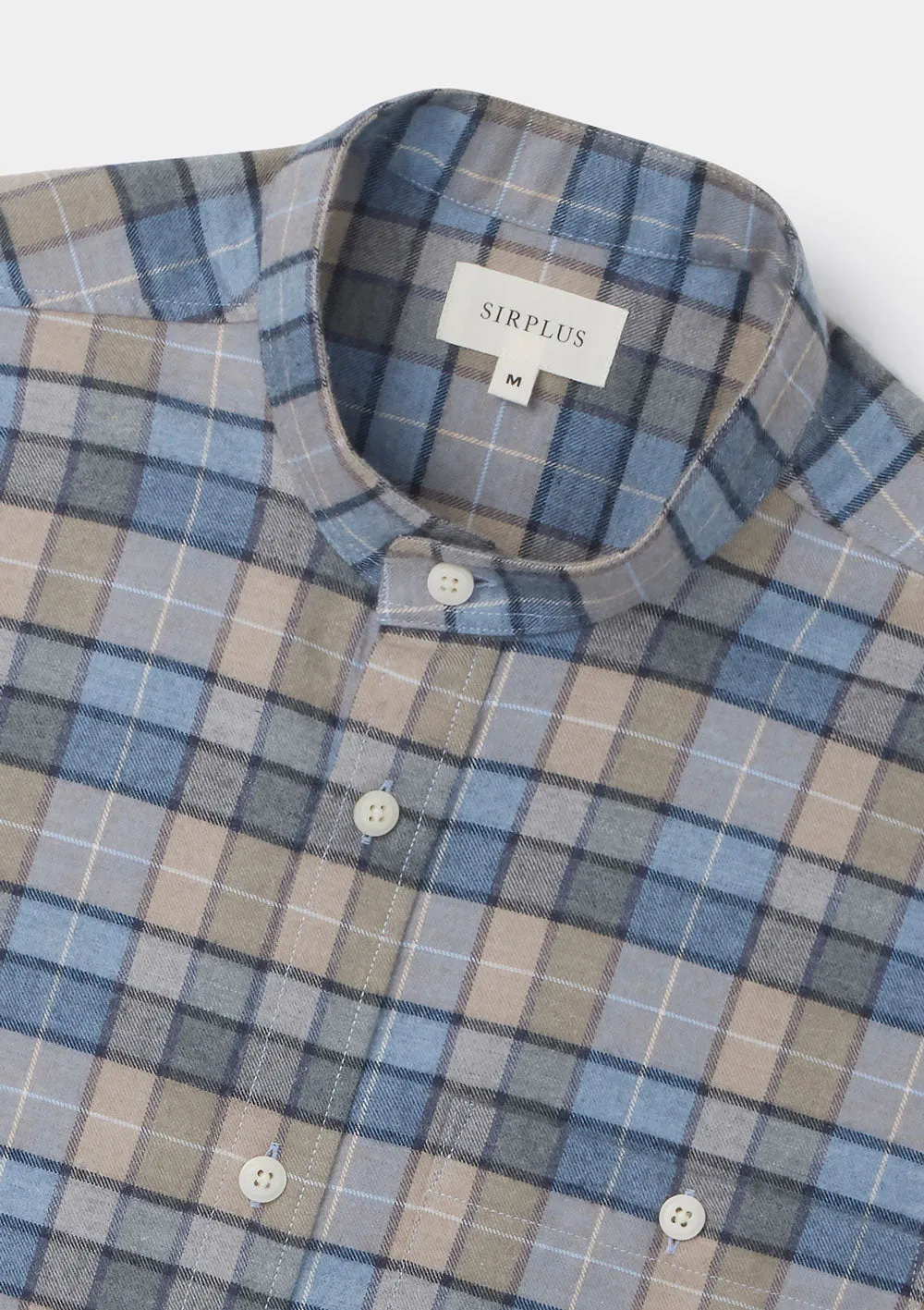 Blue & Beige Checked Cotton Cashmere Grandad Shirt