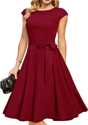 Burgundy Women Casual Dresses Vintage Cocktail Tea Party Dress A-Line Summer Work Dress - DRESSTELLS