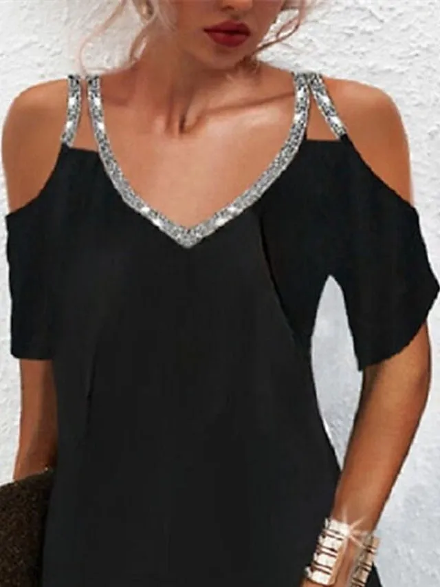 Casual Dress Shift Dress Black Dress Midi Dress Black Short Sleeve Color Block Cold Shoulder Spring Summer V Neck Casual  S M L XL XXL 3XL for Women