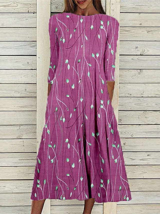 Casual Dress Shift Dress Midi Dress Blue Fuchsia Green 3/4 Length Sleeve Floral Ruched Spring Summer Crew Neck Vacation  S M L XL XXL 3XL for Women