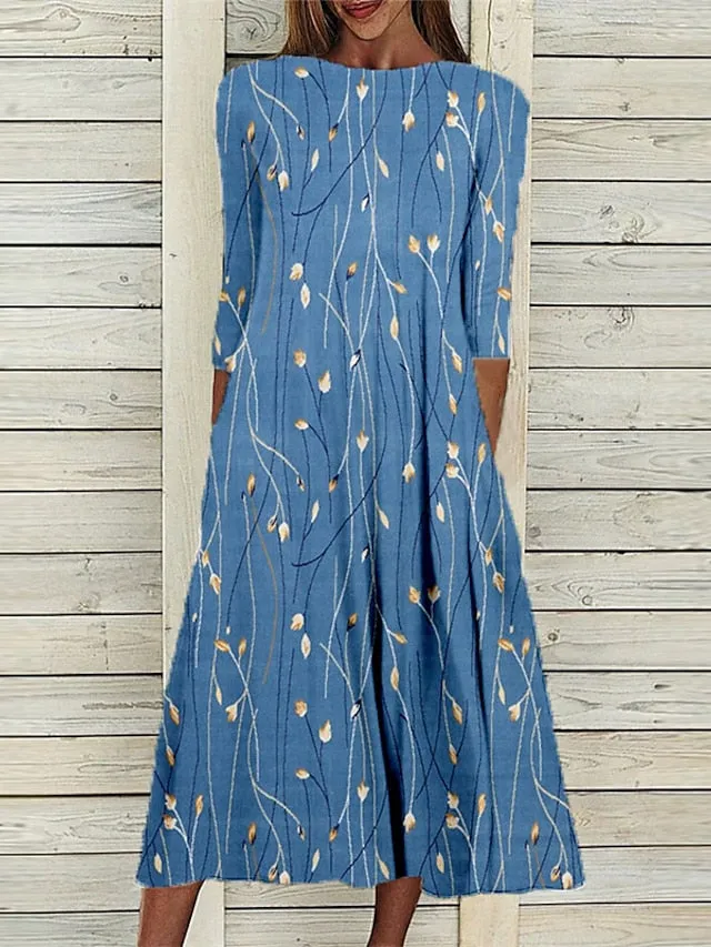 Casual Dress Shift Dress Midi Dress Blue Fuchsia Green 3/4 Length Sleeve Floral Ruched Spring Summer Crew Neck Vacation  S M L XL XXL 3XL for Women