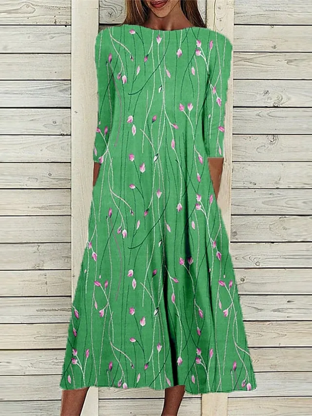 Casual Dress Shift Dress Midi Dress Blue Fuchsia Green 3/4 Length Sleeve Floral Ruched Spring Summer Crew Neck Vacation  S M L XL XXL 3XL for Women