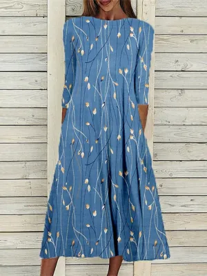 Casual Dress Shift Dress Midi Dress Blue Fuchsia Green 3/4 Length Sleeve Floral Ruched Spring Summer Crew Neck Vacation  S M L XL XXL 3XL for Women