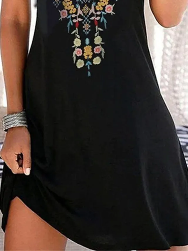 Casual Dress Sundress Mini Dress Black Sleeveless Floral Print Spring Summer V Neck Vacation  S M L XL XXL 3XL for Women