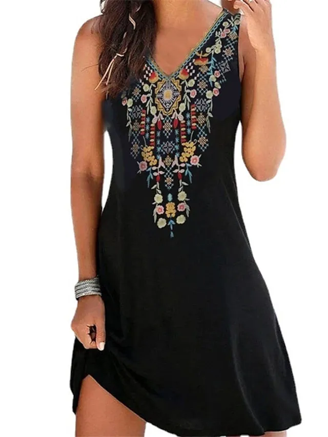 Casual Dress Sundress Mini Dress Black Sleeveless Floral Print Spring Summer V Neck Vacation  S M L XL XXL 3XL for Women