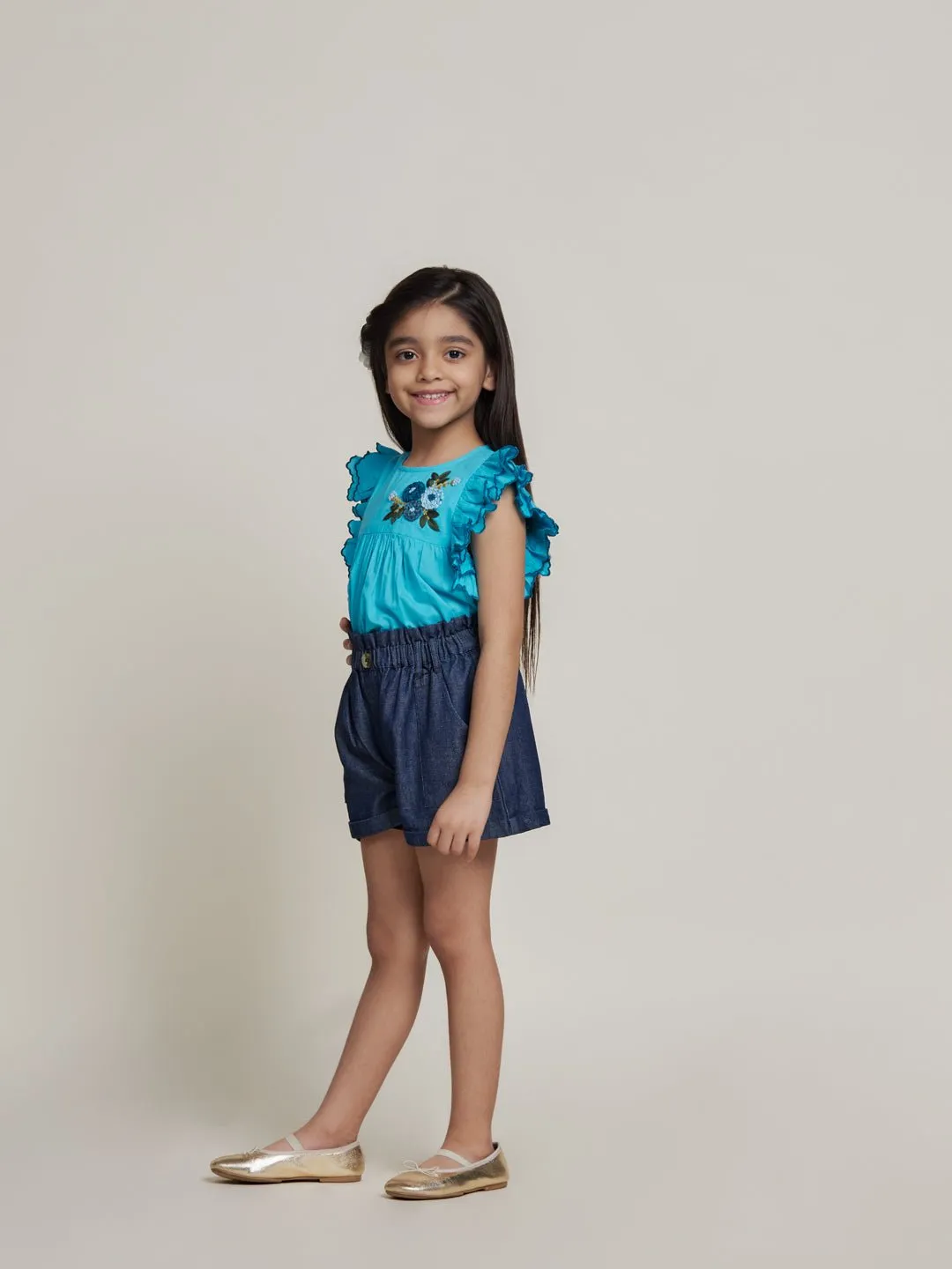 Cecilia Cotton Denim Girls Shorts - Navy
