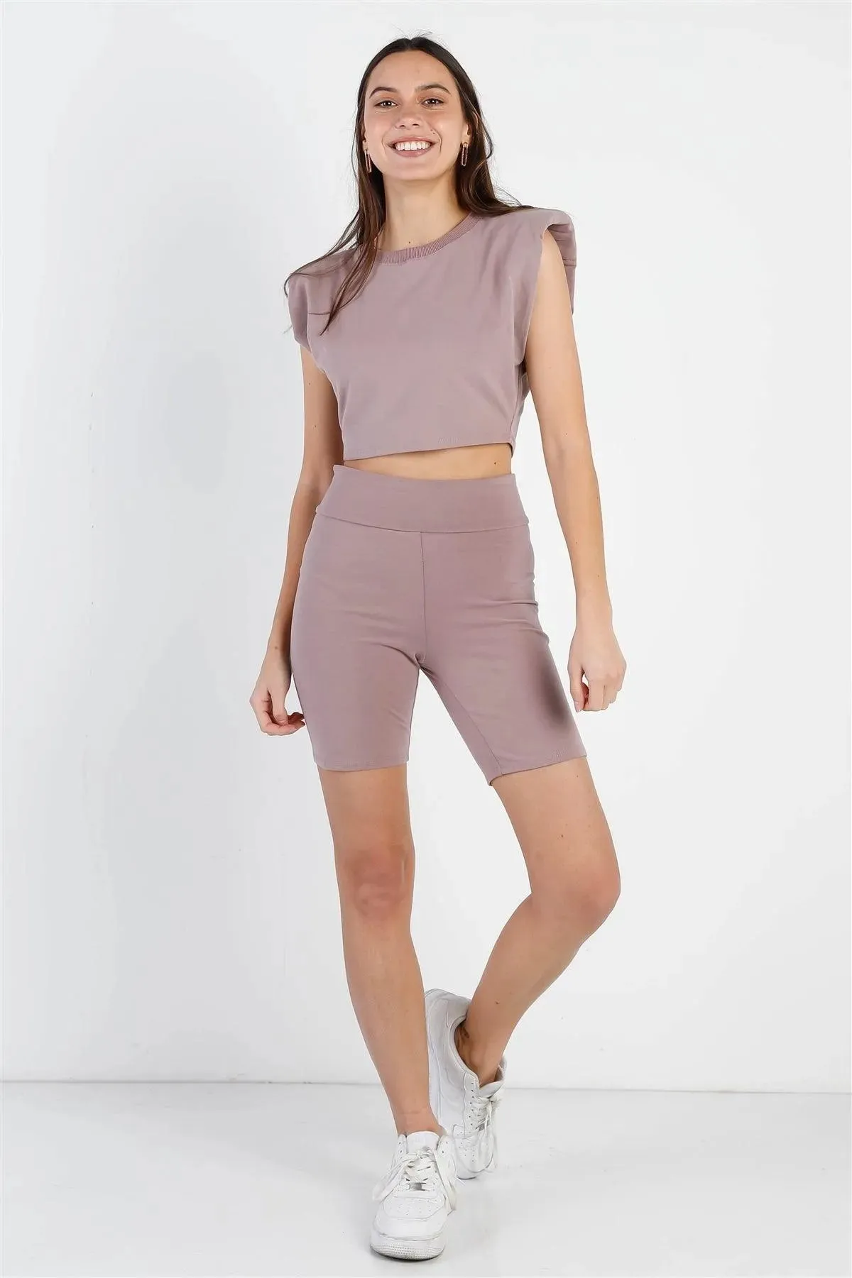 Dark Mauve Padded Shoulder Crop Top & Biker Short Set /2-2-2