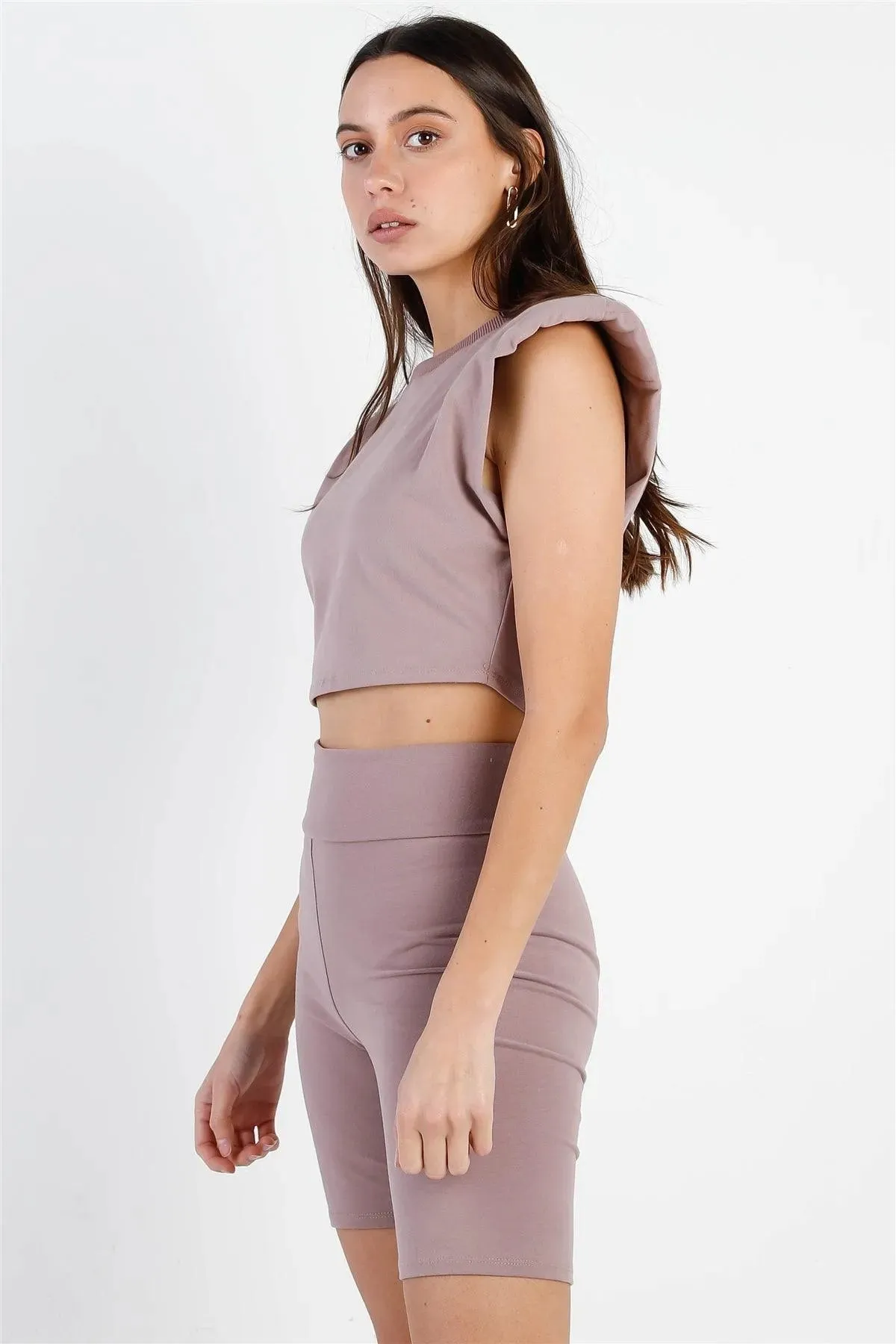 Dark Mauve Padded Shoulder Crop Top & Biker Short Set /2-2-2
