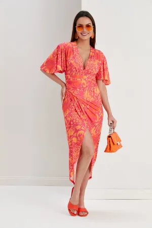 Ethereal Angel Sleeve Wrap Dress in Tropical Fuchsia Print