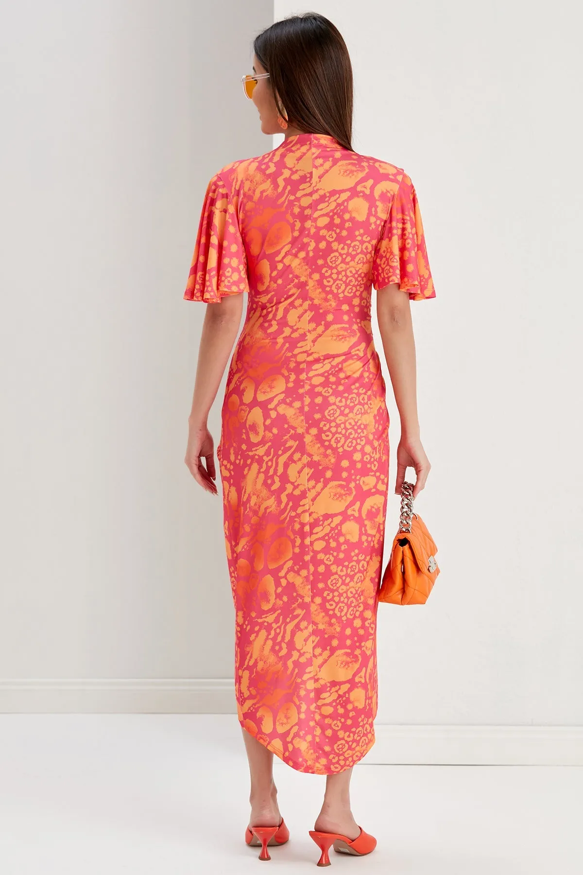 Ethereal Angel Sleeve Wrap Dress in Tropical Fuchsia Print