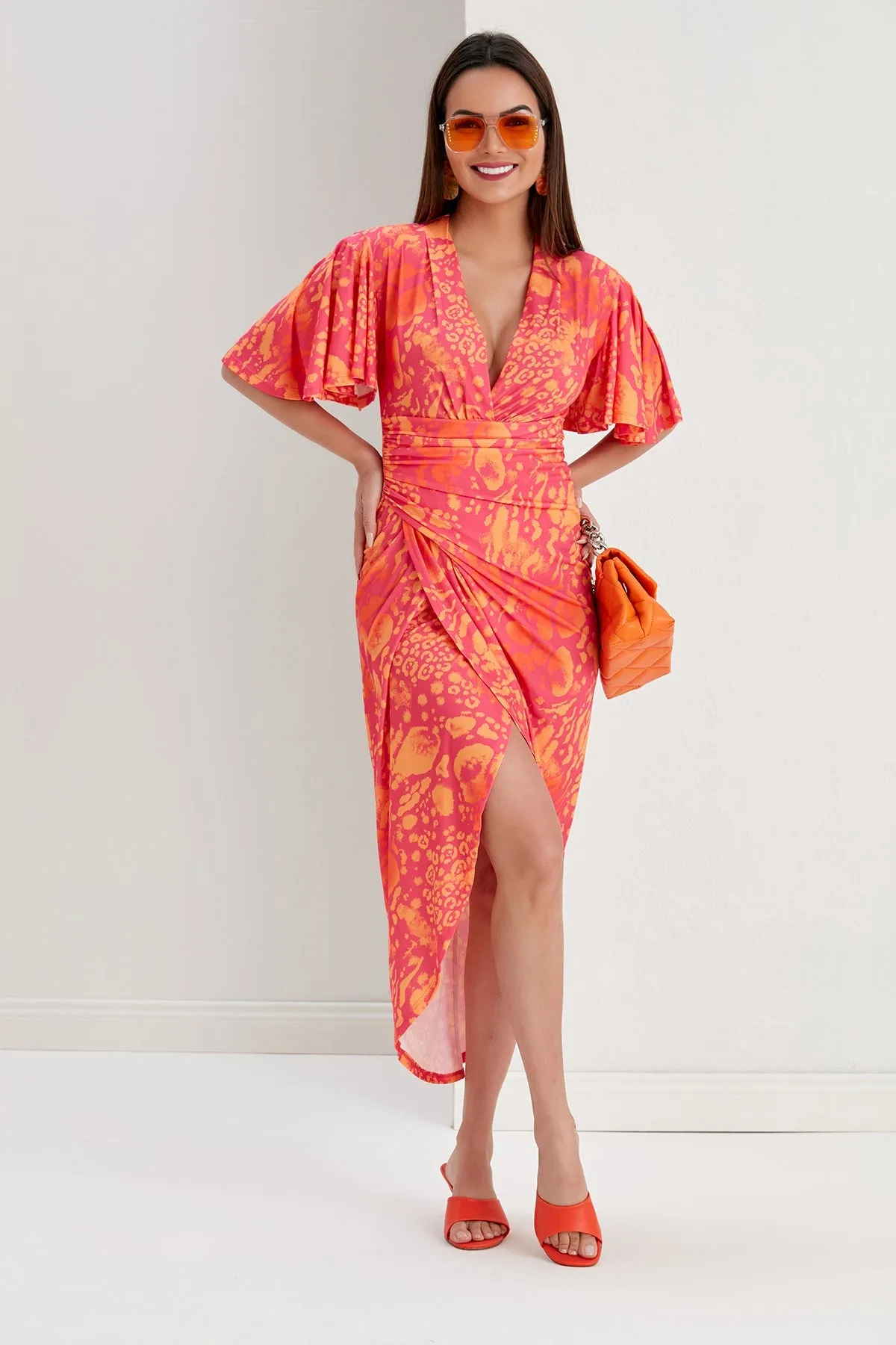 Ethereal Angel Sleeve Wrap Dress in Tropical Fuchsia Print