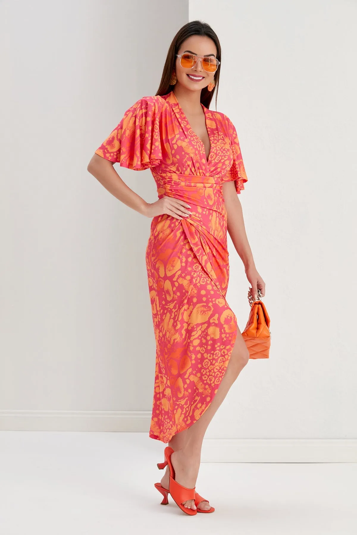 Ethereal Angel Sleeve Wrap Dress in Tropical Fuchsia Print
