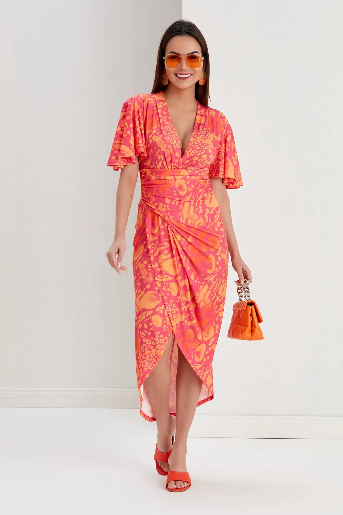 Ethereal Angel Sleeve Wrap Dress in Tropical Fuchsia Print