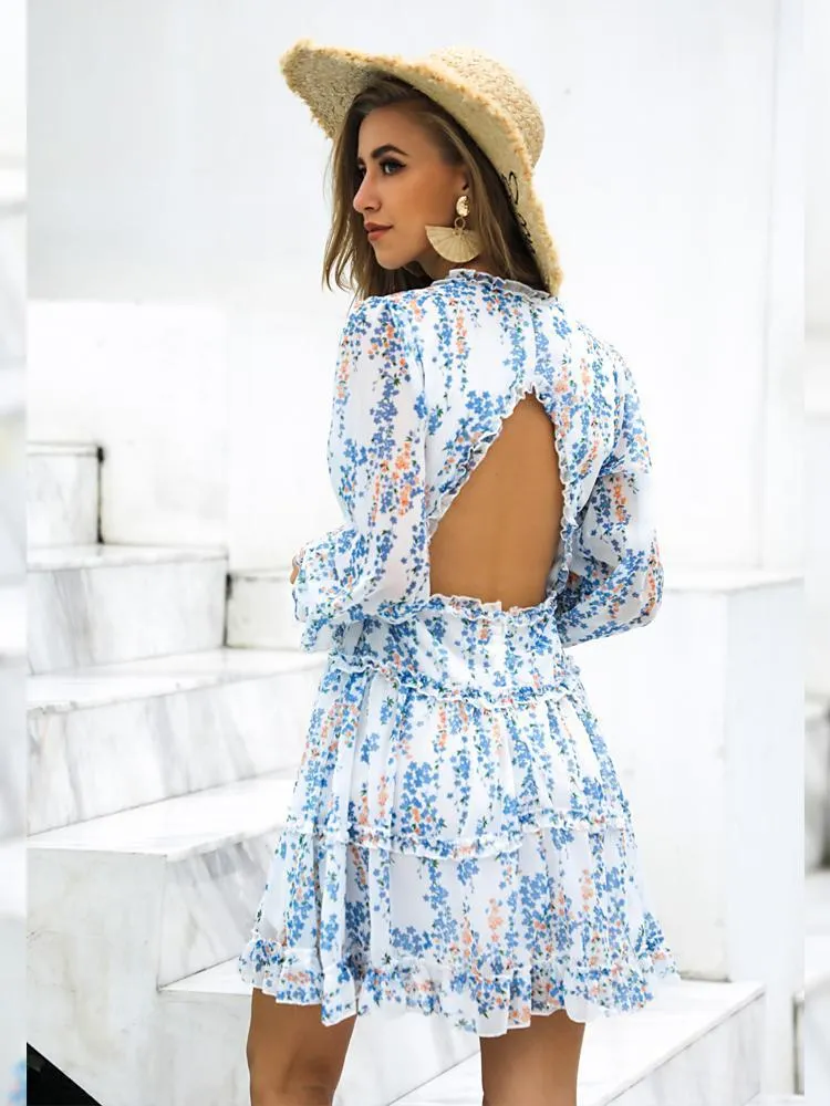 Flower Backless Ruffles Long Sleeve A Line Sundress