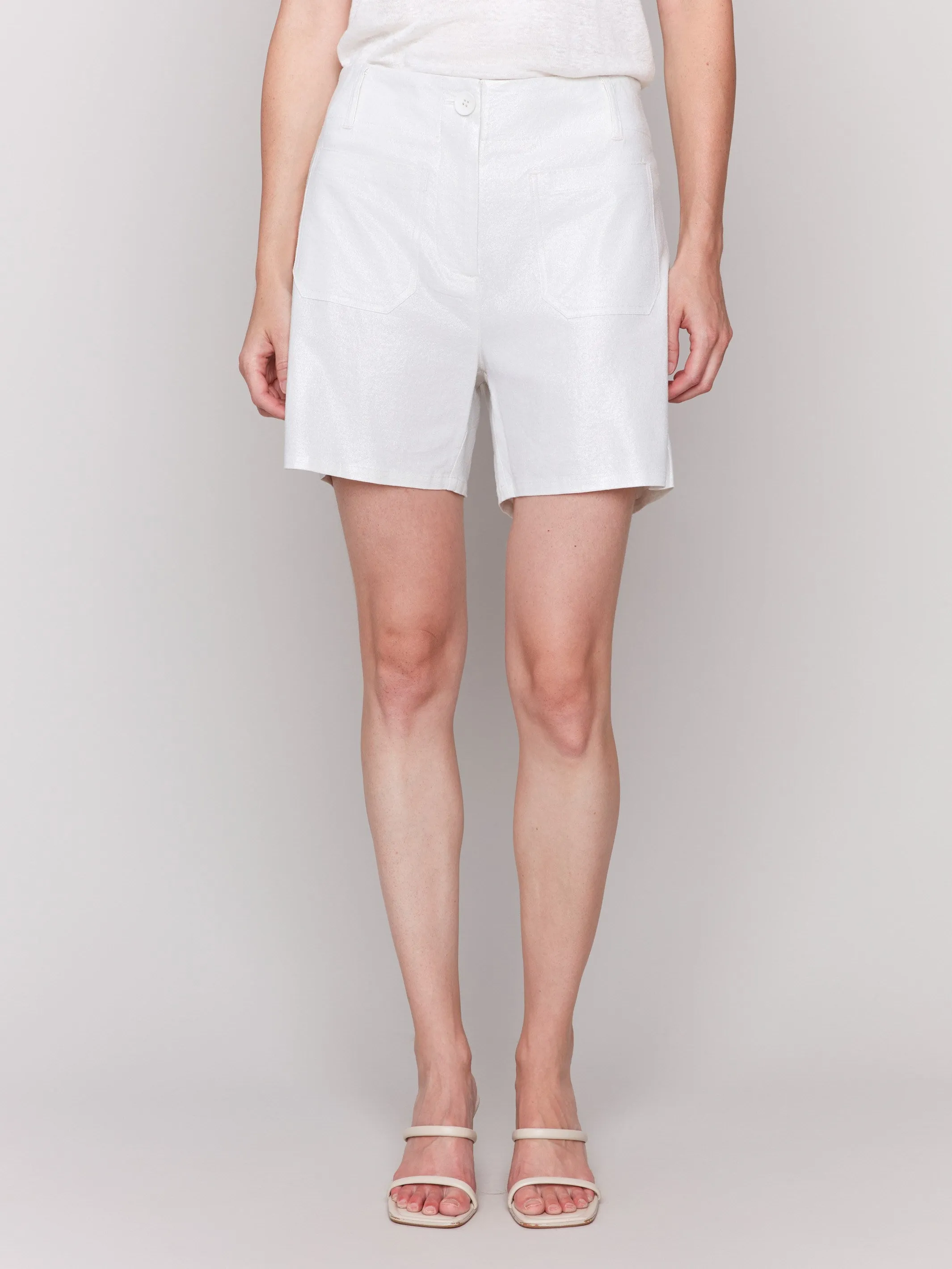 Foil Linen Shorts with Patch Pockets - Champagne