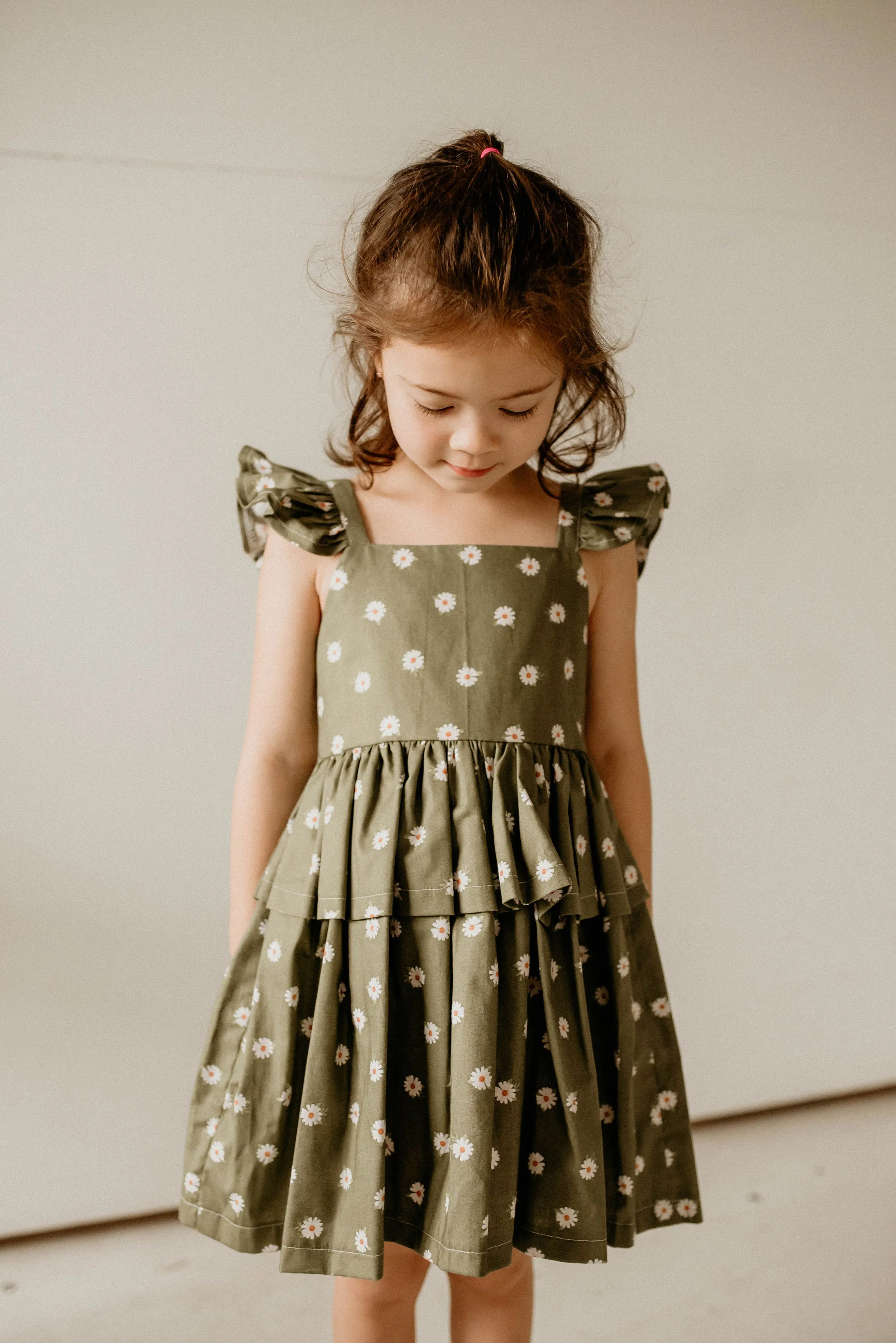Girl's Olive Green and White Daisy Print Peplum Twirl Dress