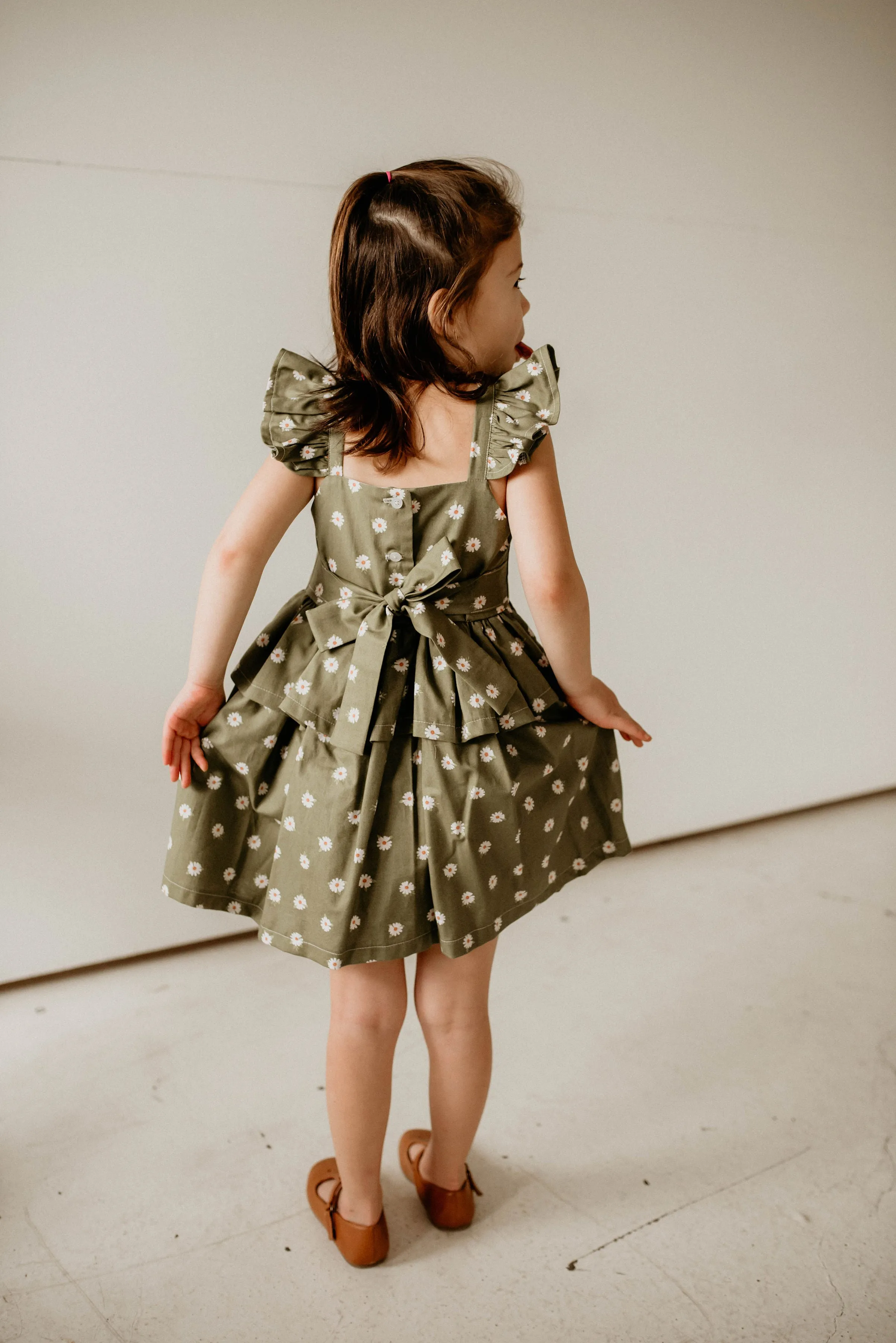 Girl's Olive Green and White Daisy Print Peplum Twirl Dress