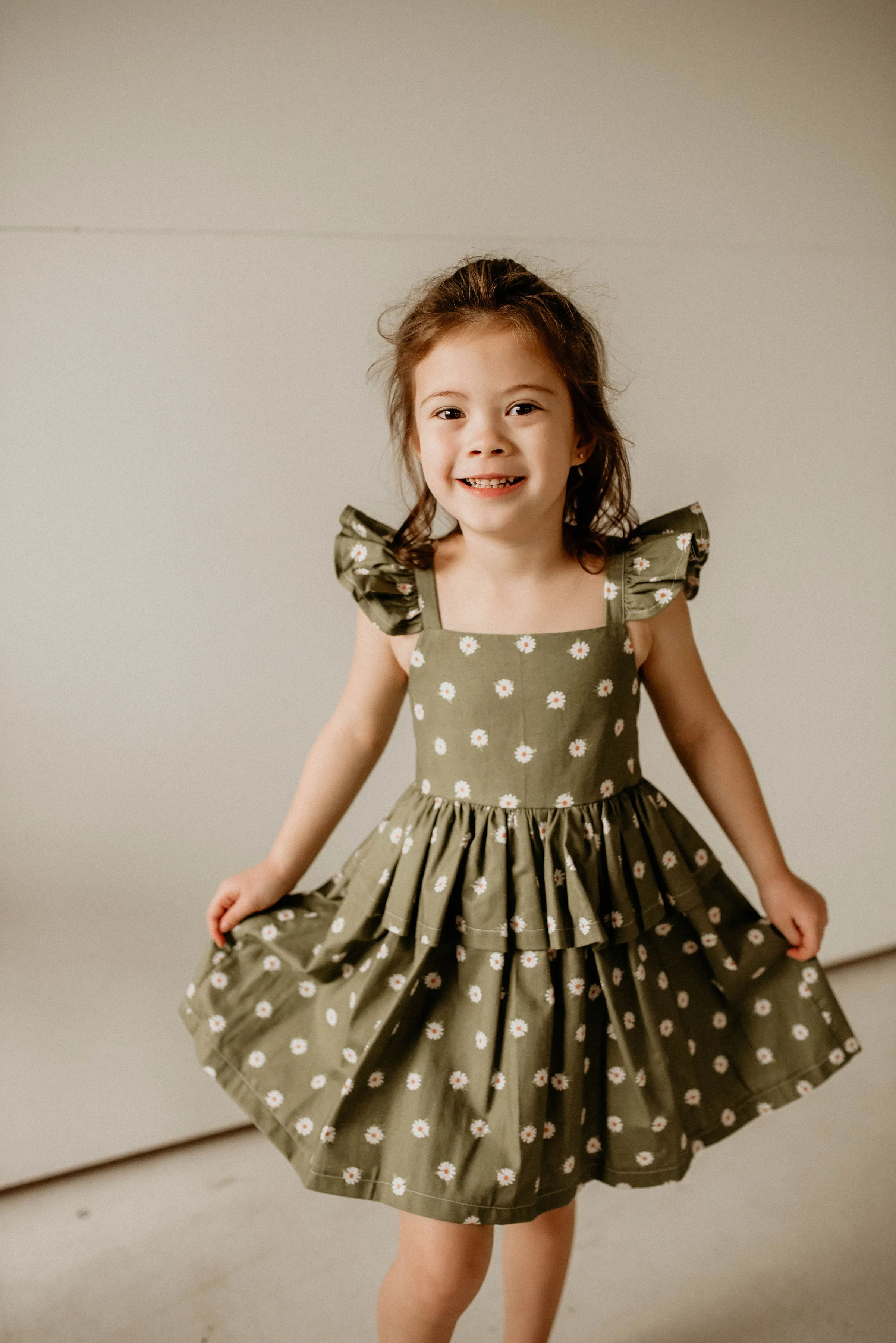 Girl's Olive Green and White Daisy Print Peplum Twirl Dress
