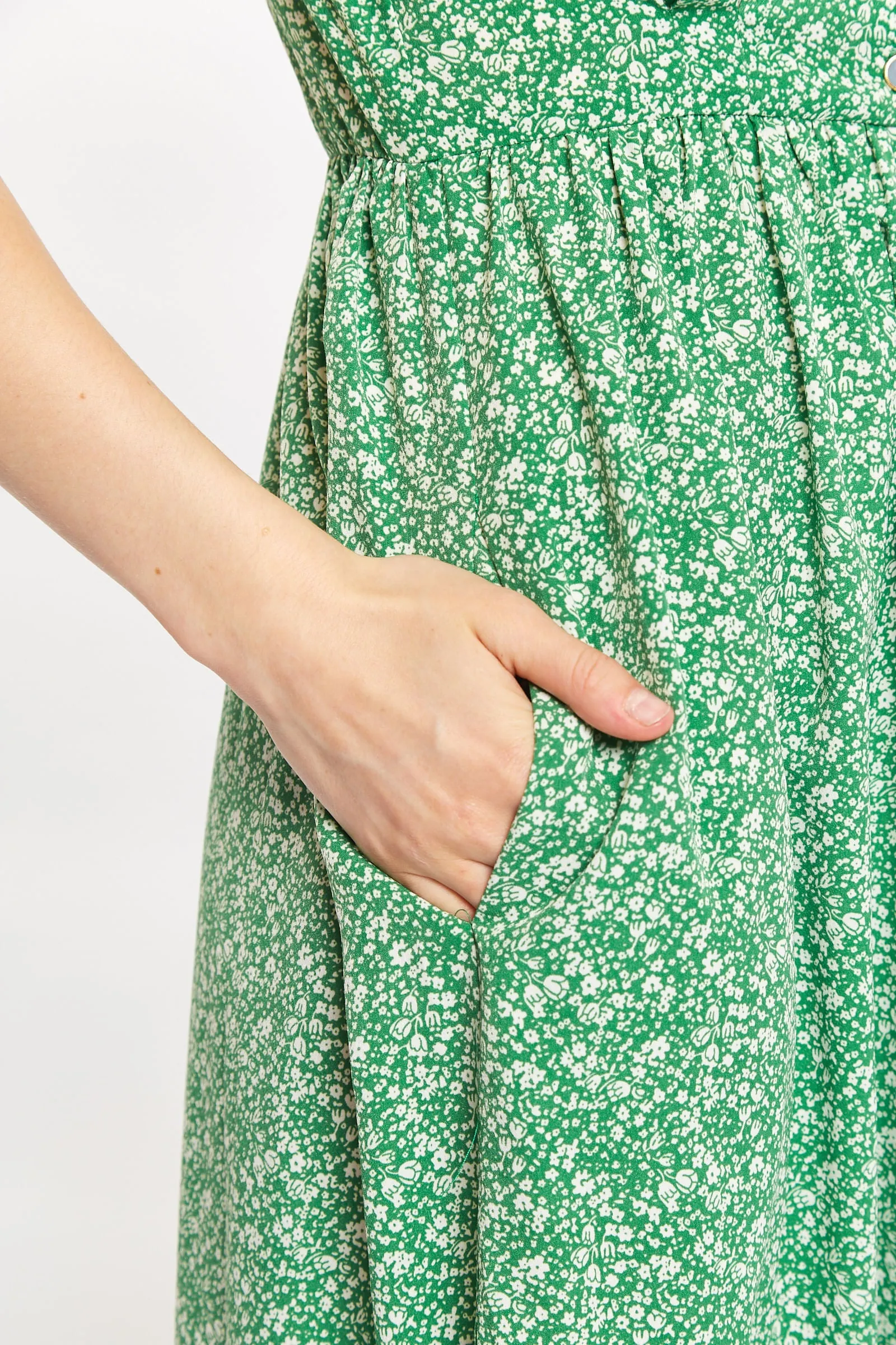 Louche Colleen Micro Flower Print Short Sleeve Tie Midi Dress - Green