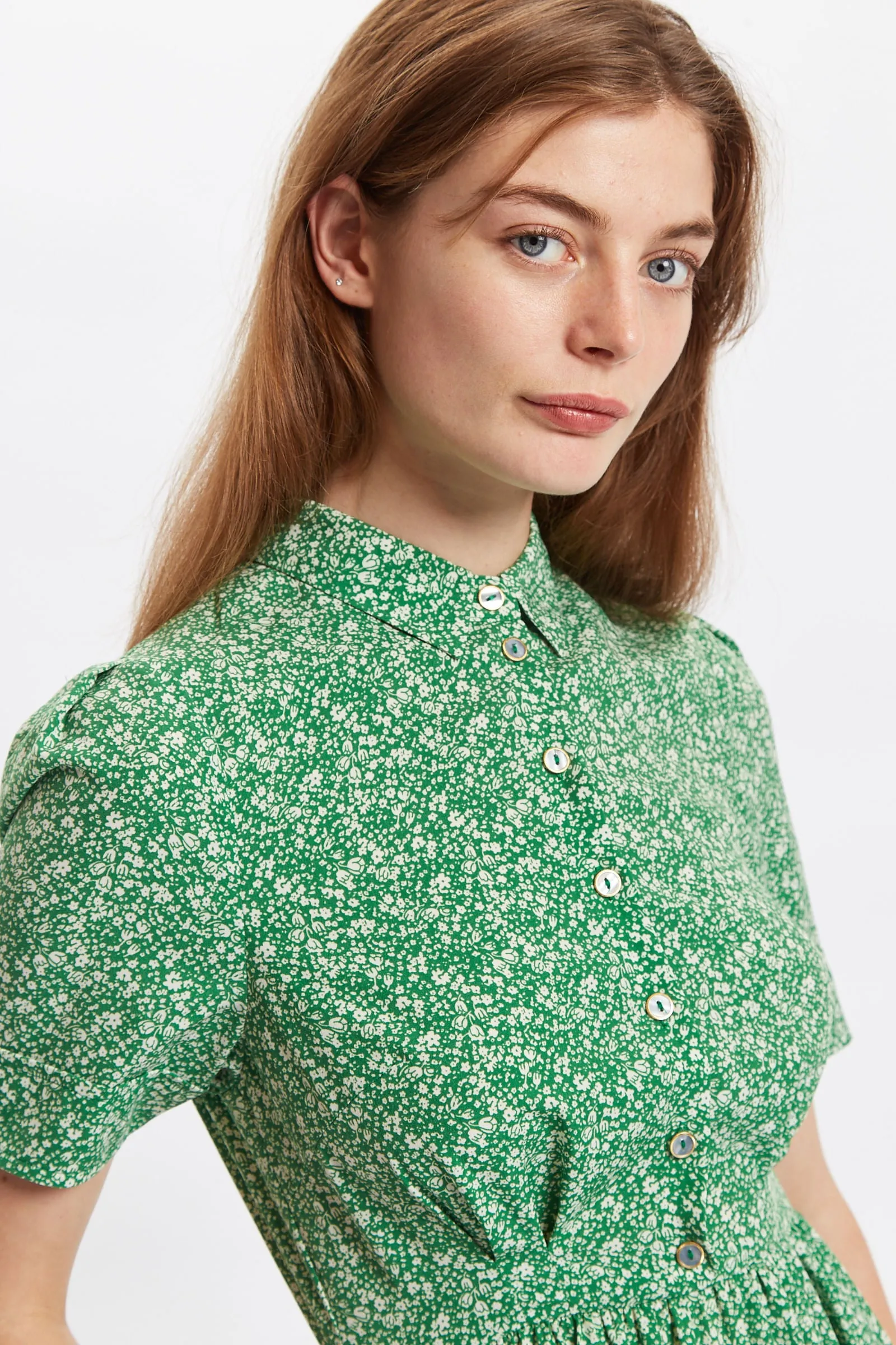 Louche Colleen Micro Flower Print Short Sleeve Tie Midi Dress - Green