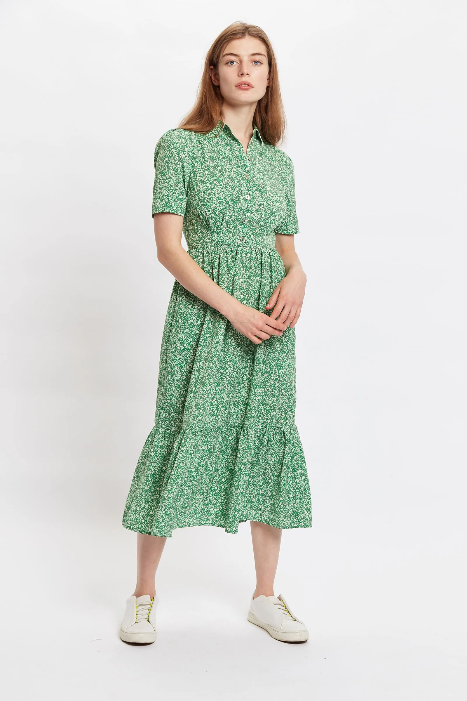 Louche Colleen Micro Flower Print Short Sleeve Tie Midi Dress - Green