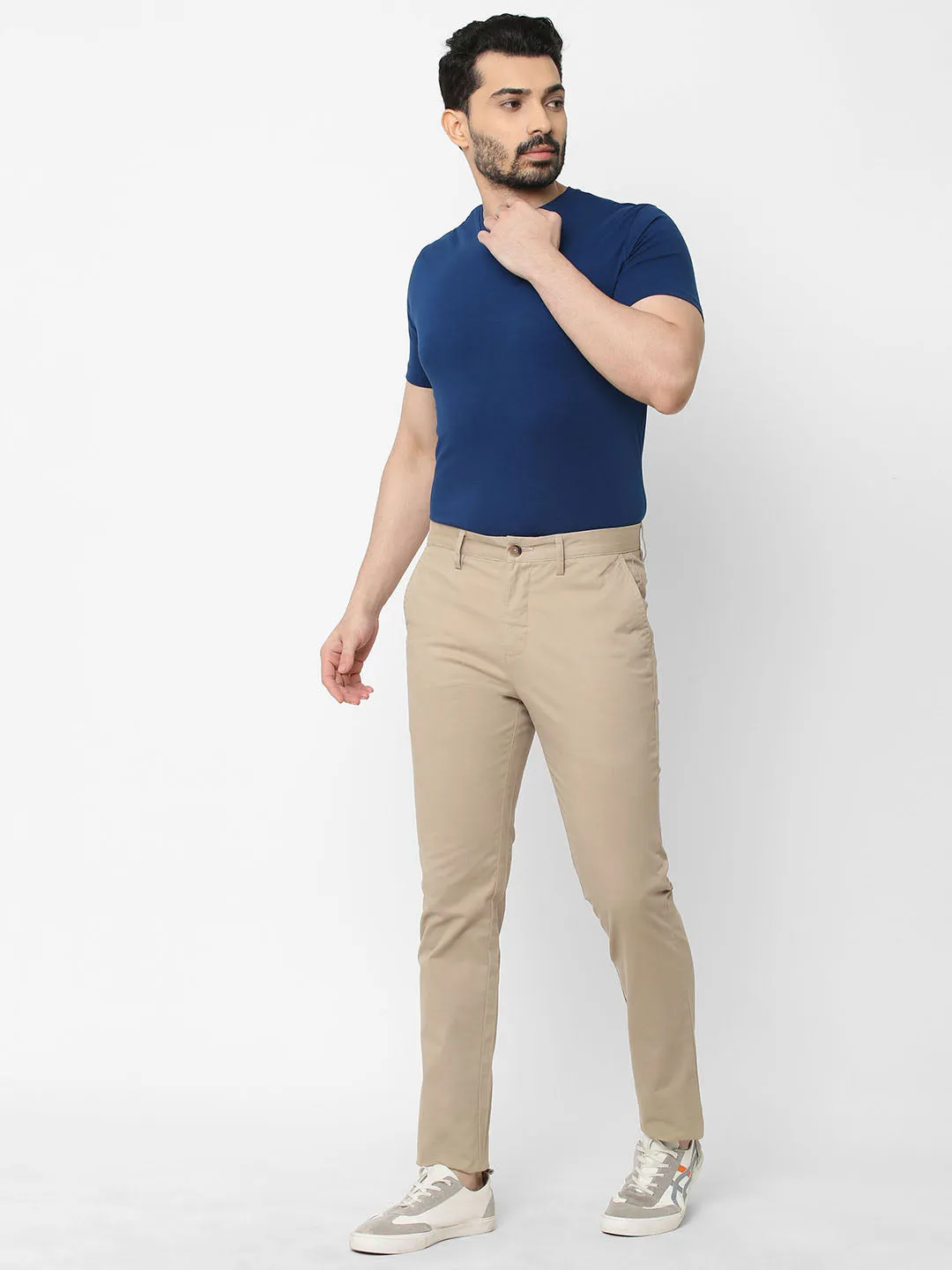 Men's Khaki Cotton Lycra Slim Fit Pant