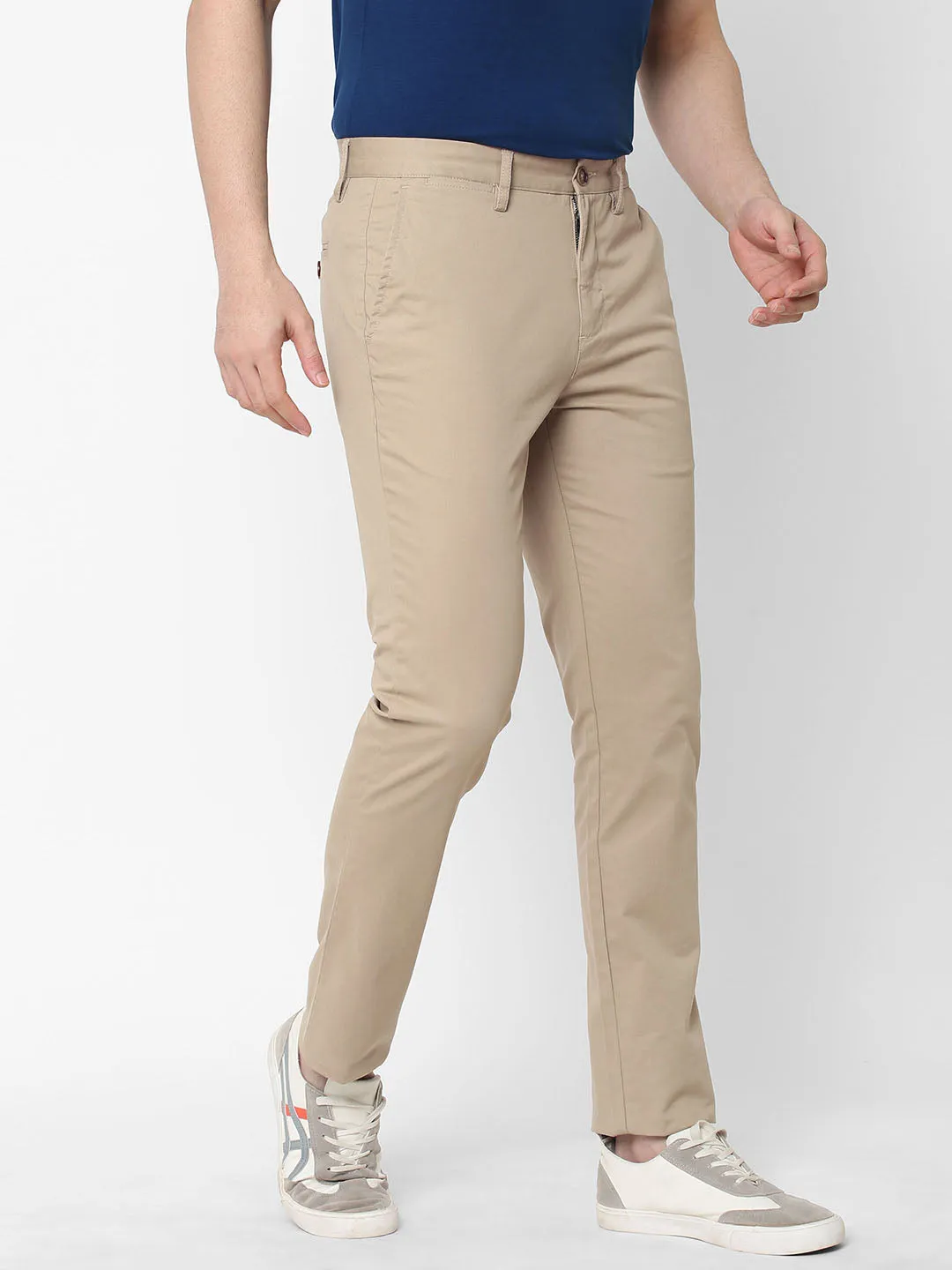 Men's Khaki Cotton Lycra Slim Fit Pant
