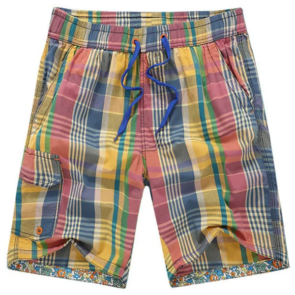 Mens Summer Quick Drying Multicolor Plaid Elastic Waist Drawstring Cotton Blend Casual Shorts