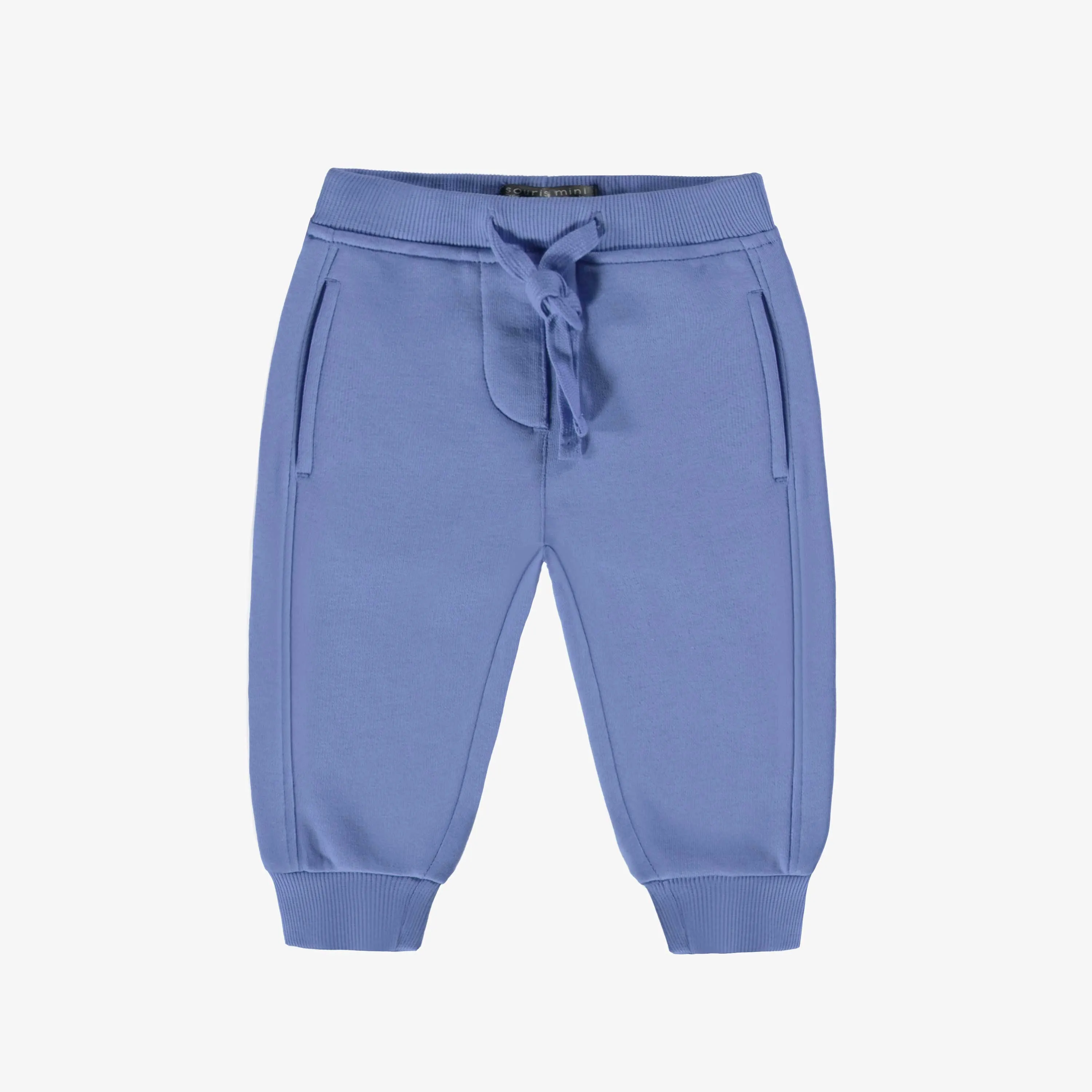 Pantalon bleu coupe régulière de style jogger en coton ouaté brossé, bébé || Blue regular-fit pants, jogger style, in brushed cotton fleece, baby