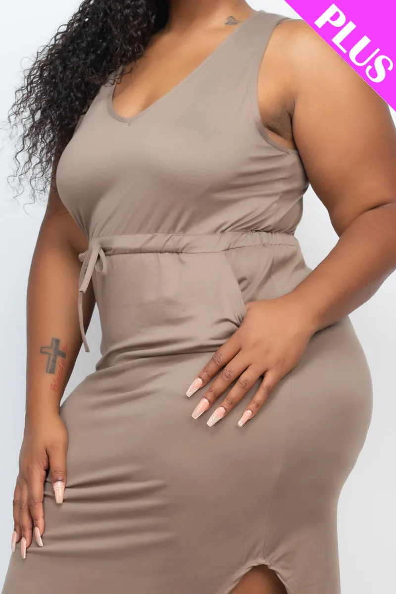 PLUS SIZE DRAWSTRING SLEEVELESS MIDI DRESS (CAPELLA)