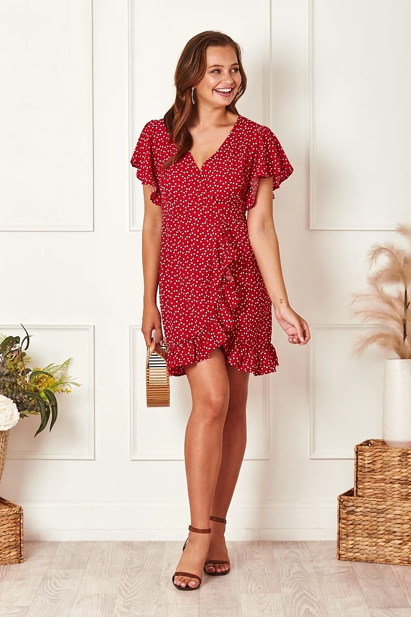 Red Heart Print Wrap Dress